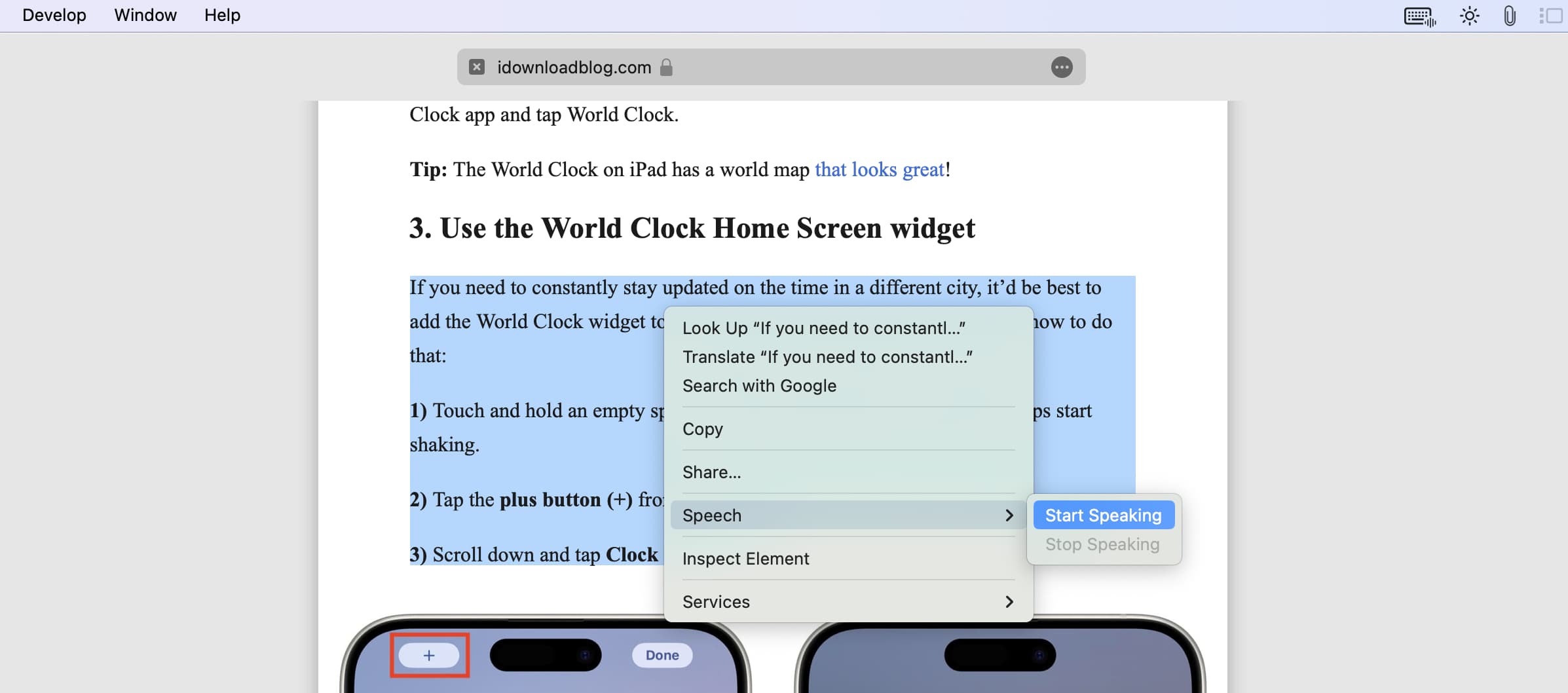 Start Speaking selected text in Safari on Mac