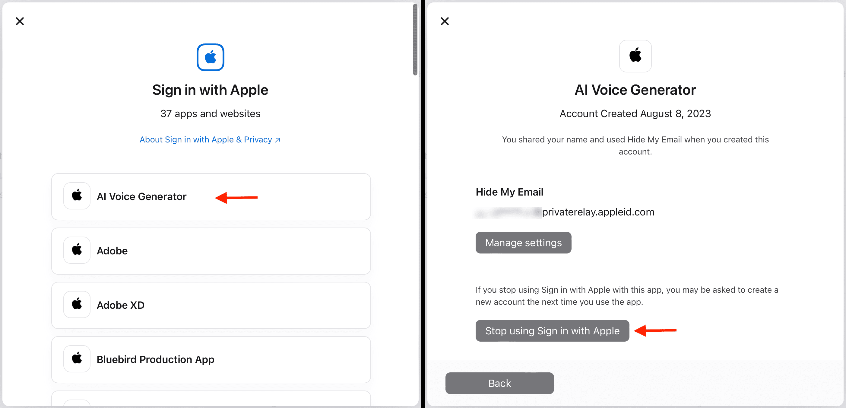 Stop using Sign in with Apple for a service on Apple ID website