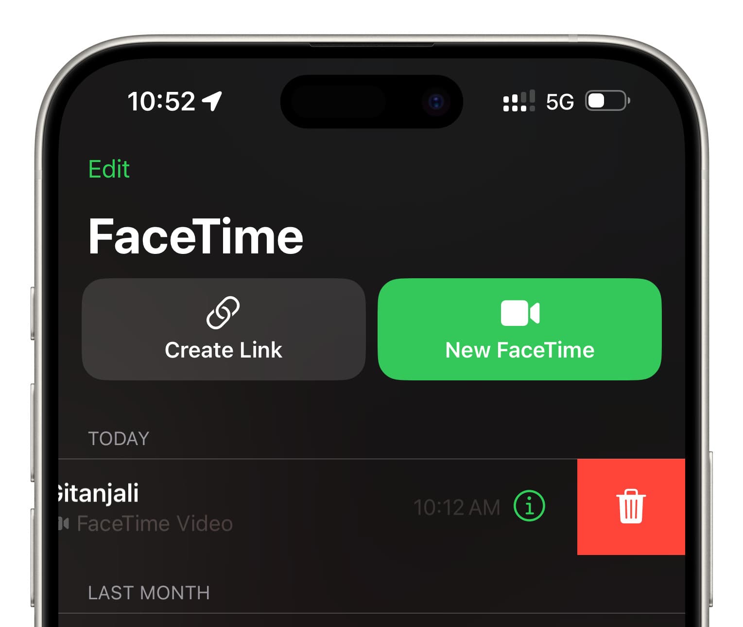 Swipe left on a recent call and tap red trash button to delete it in iPhone FaceTime app