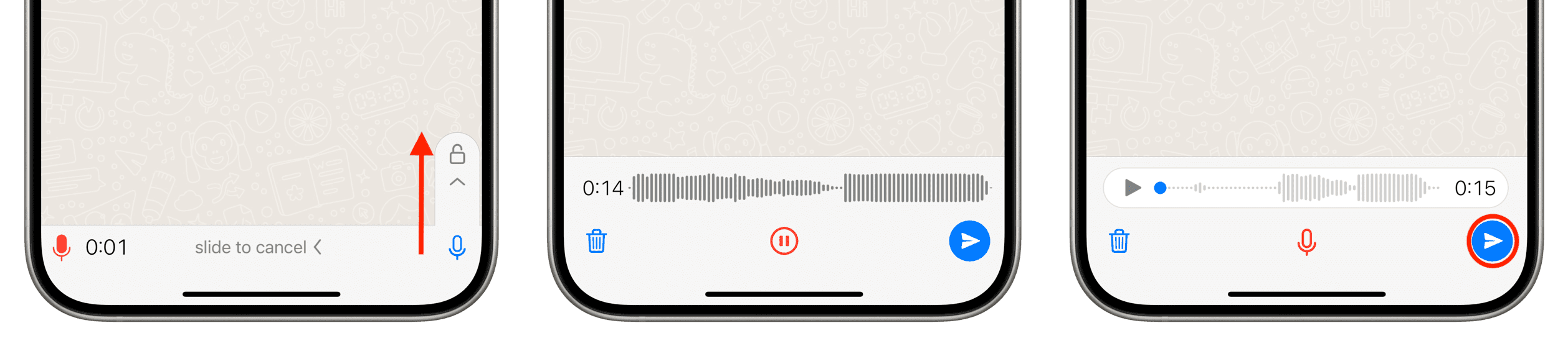Swipe up during voice recording in WhatsApp to access more controls