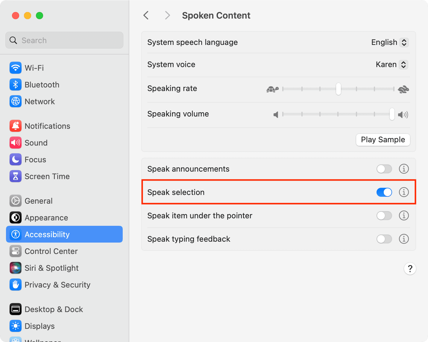 Switch on Speak selection in Mac System Settings