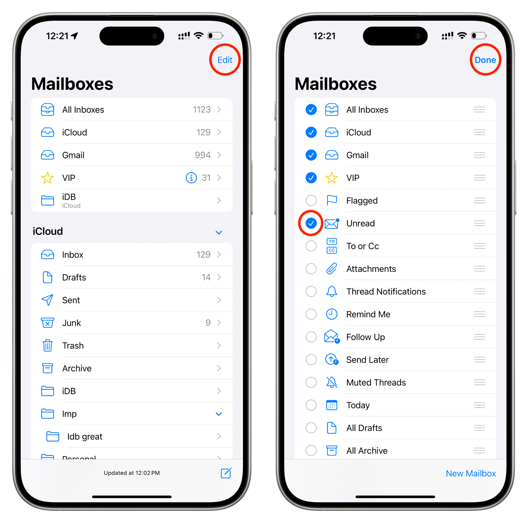 Tap Edit and select Unread in Mail app on iPhone