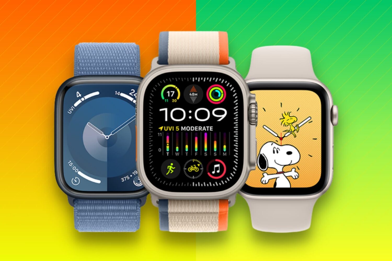 Apple Watch Ultra 2, Series 9, and SE 2 together on a red and green background