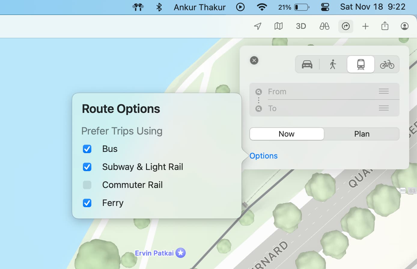 Transit direction settings in Apple Maps on Mac