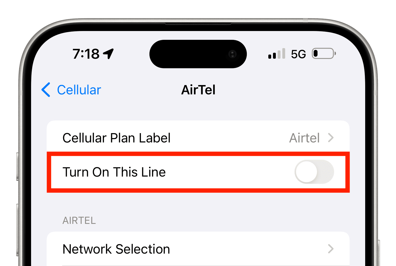 Turn On This Line disabled in iPhone SIM settings