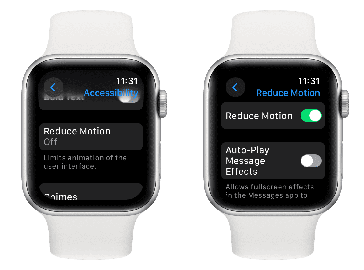 Turn on Reduce Motion for Apple Watch screen effects