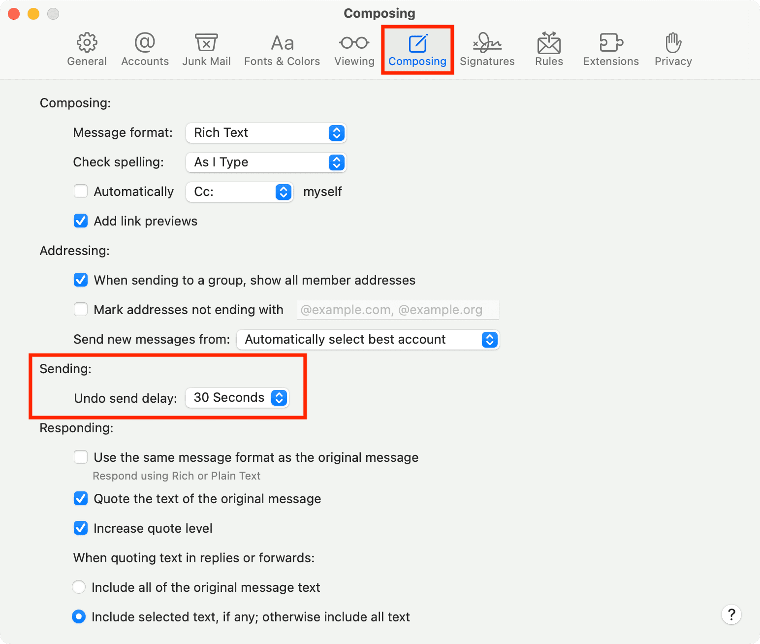 Undo send delay option in Mail app settings on Mac