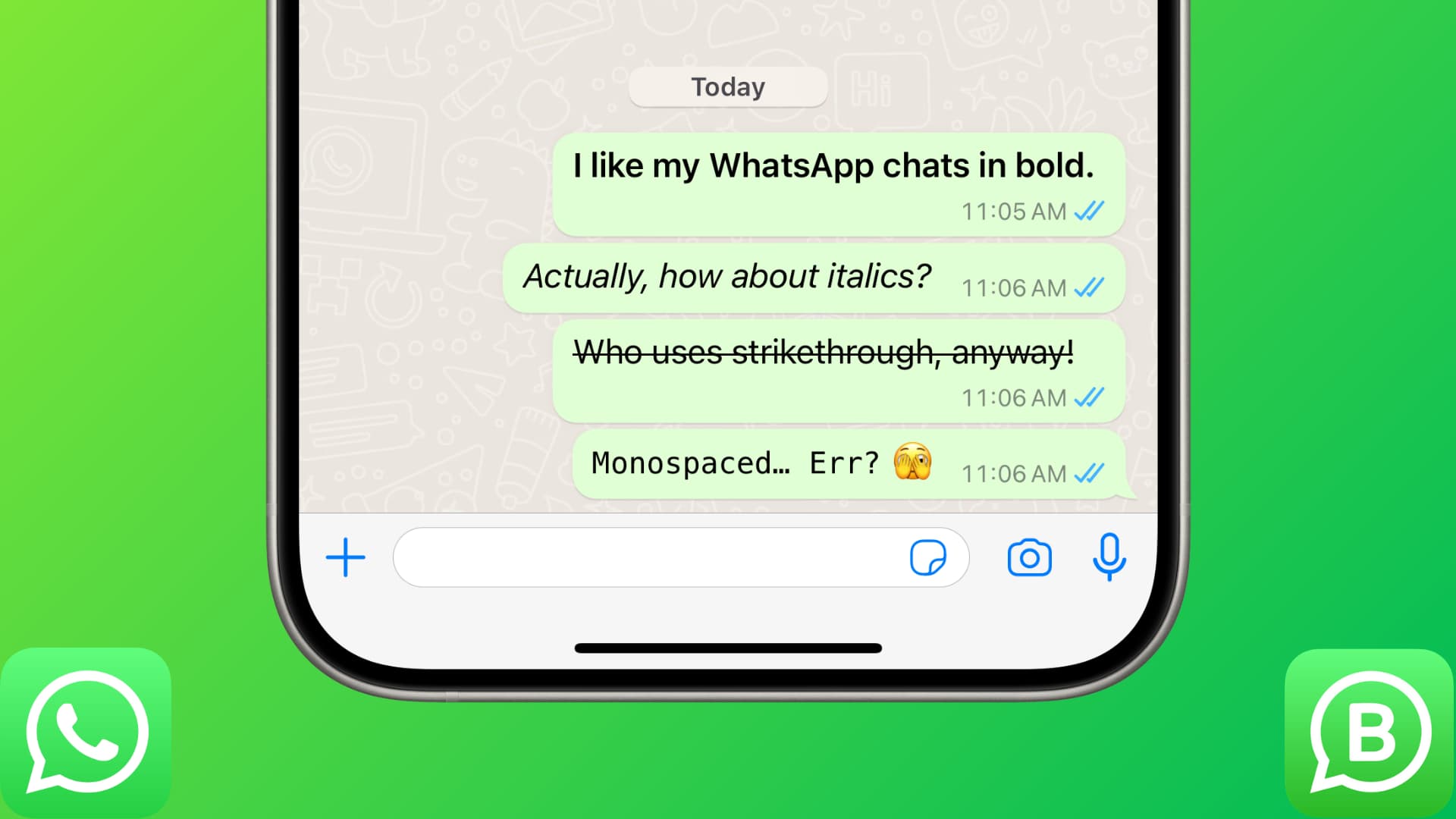 WhatsApp text formatted to bold, italic, strikethrough, and monospace on iPhone