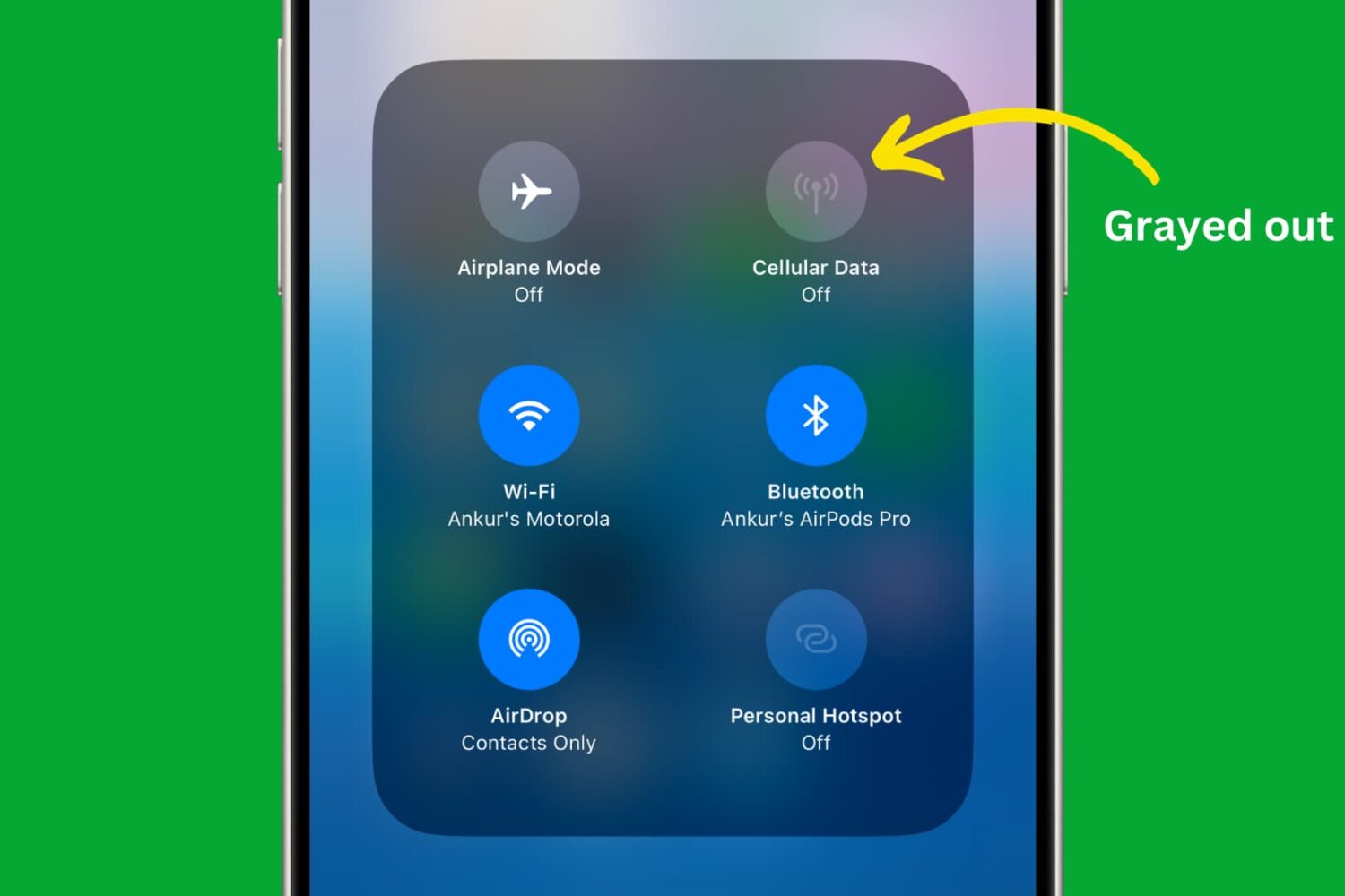 iPhone Cellular data button grayed out in iPhone Control Center