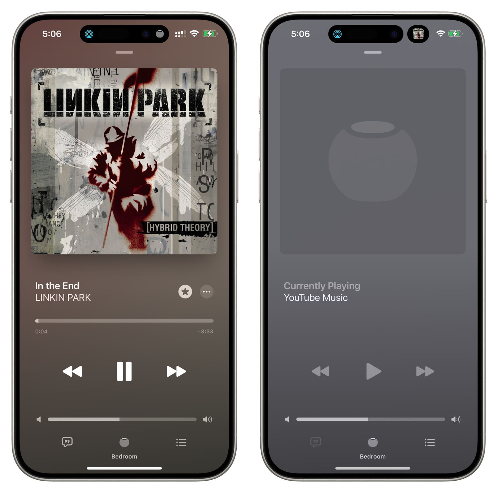 iPhone Music app when HomePod is playing from Apple Music and YouTube Music