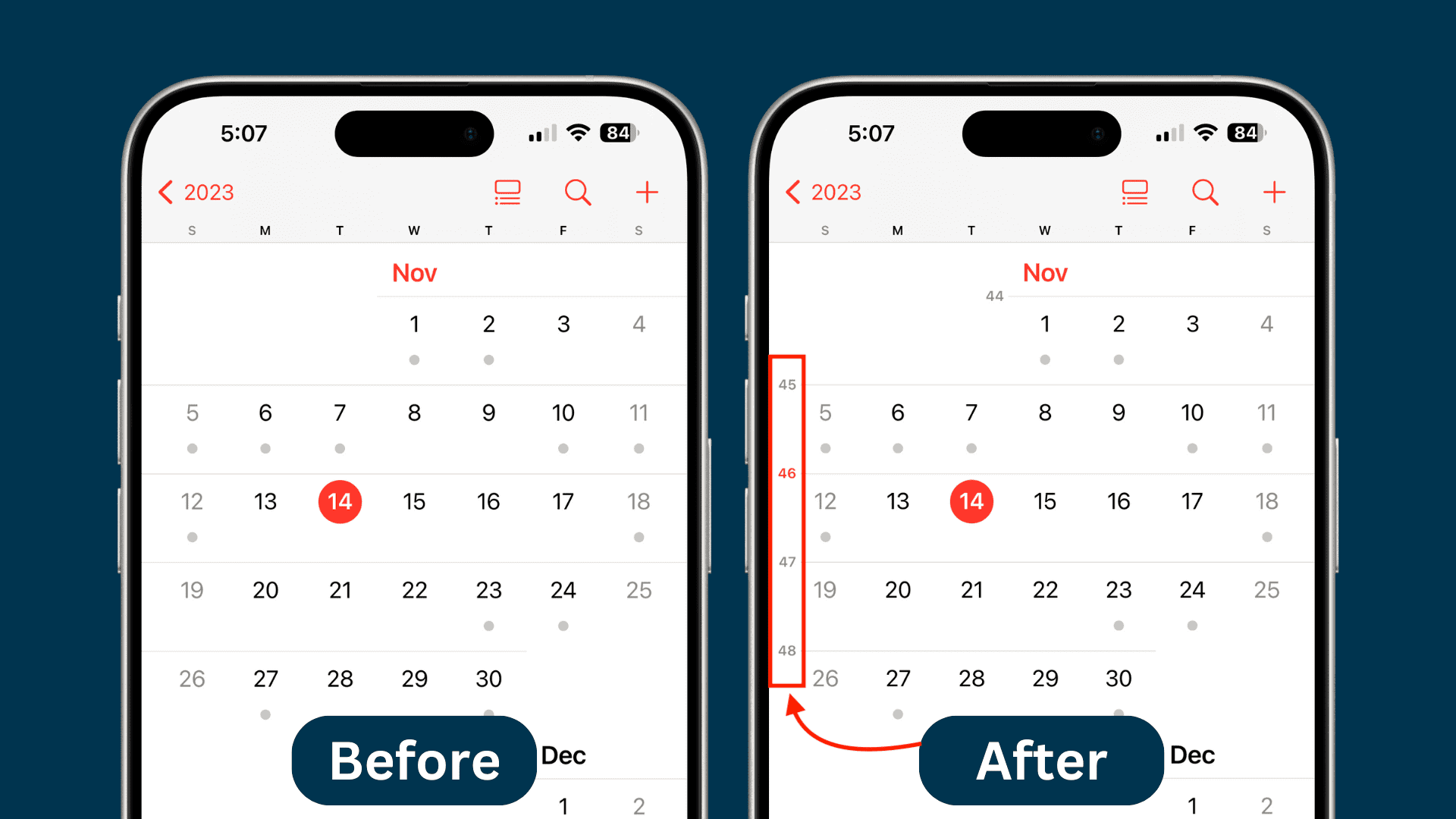 iPhone calendar with and without week numbers