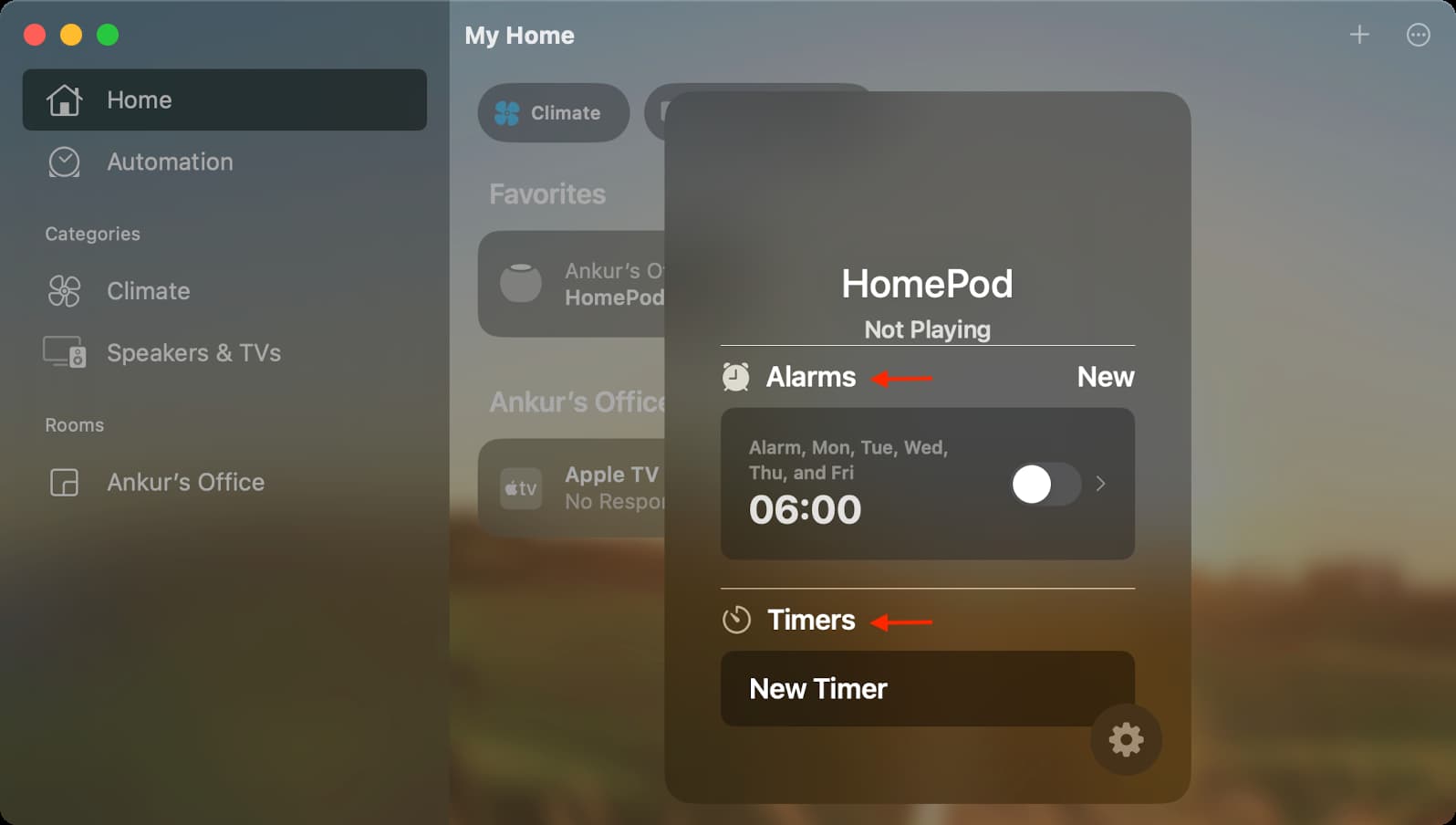 Alarms and Timers for HomePod in Home app on Mac