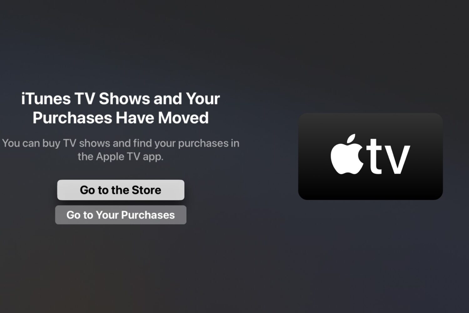 Splash screen in TV Shows on tvOS 17.2 about the app's discontinuation