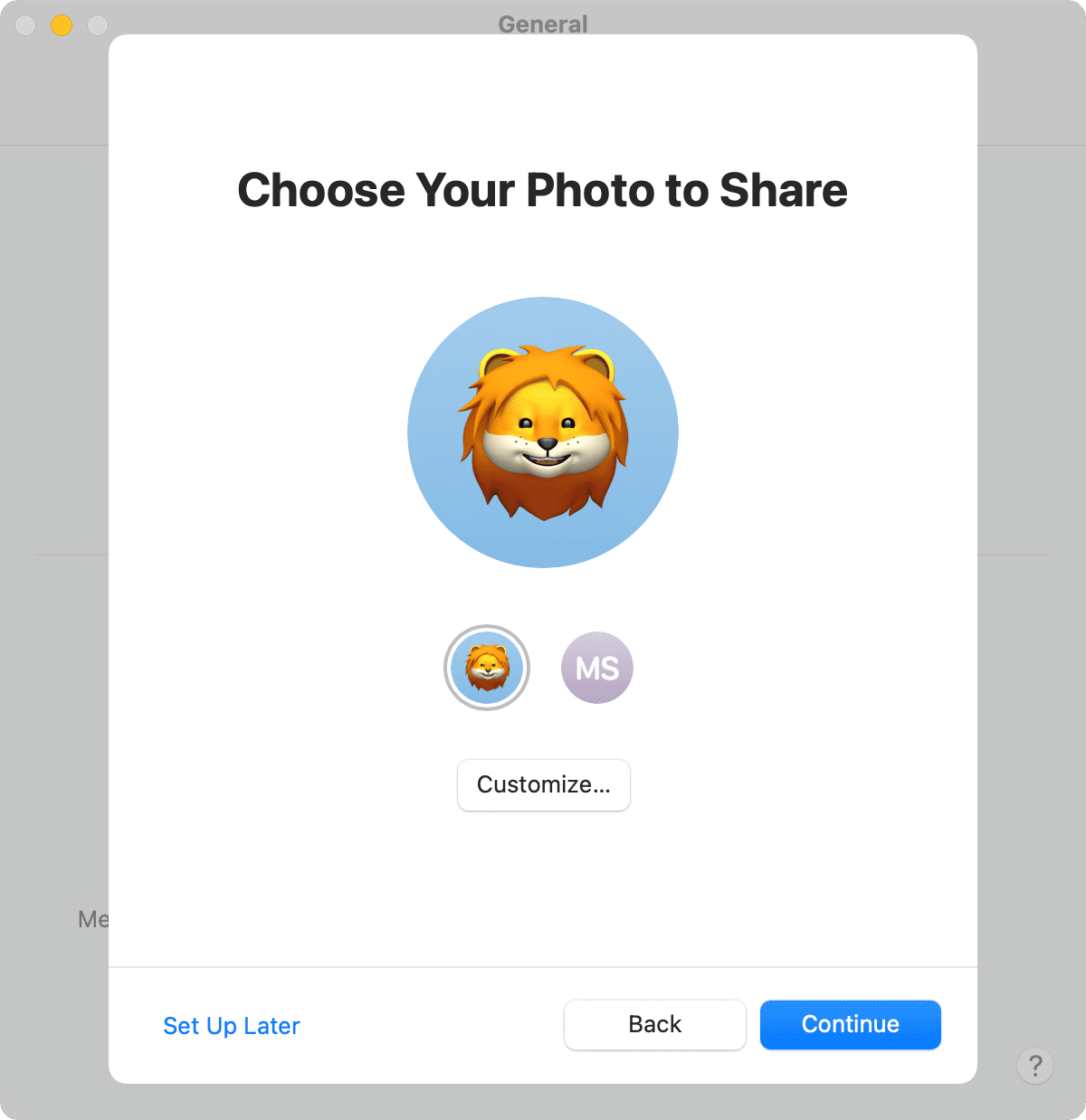 Choose iMessage profile picture and click Continue on Mac