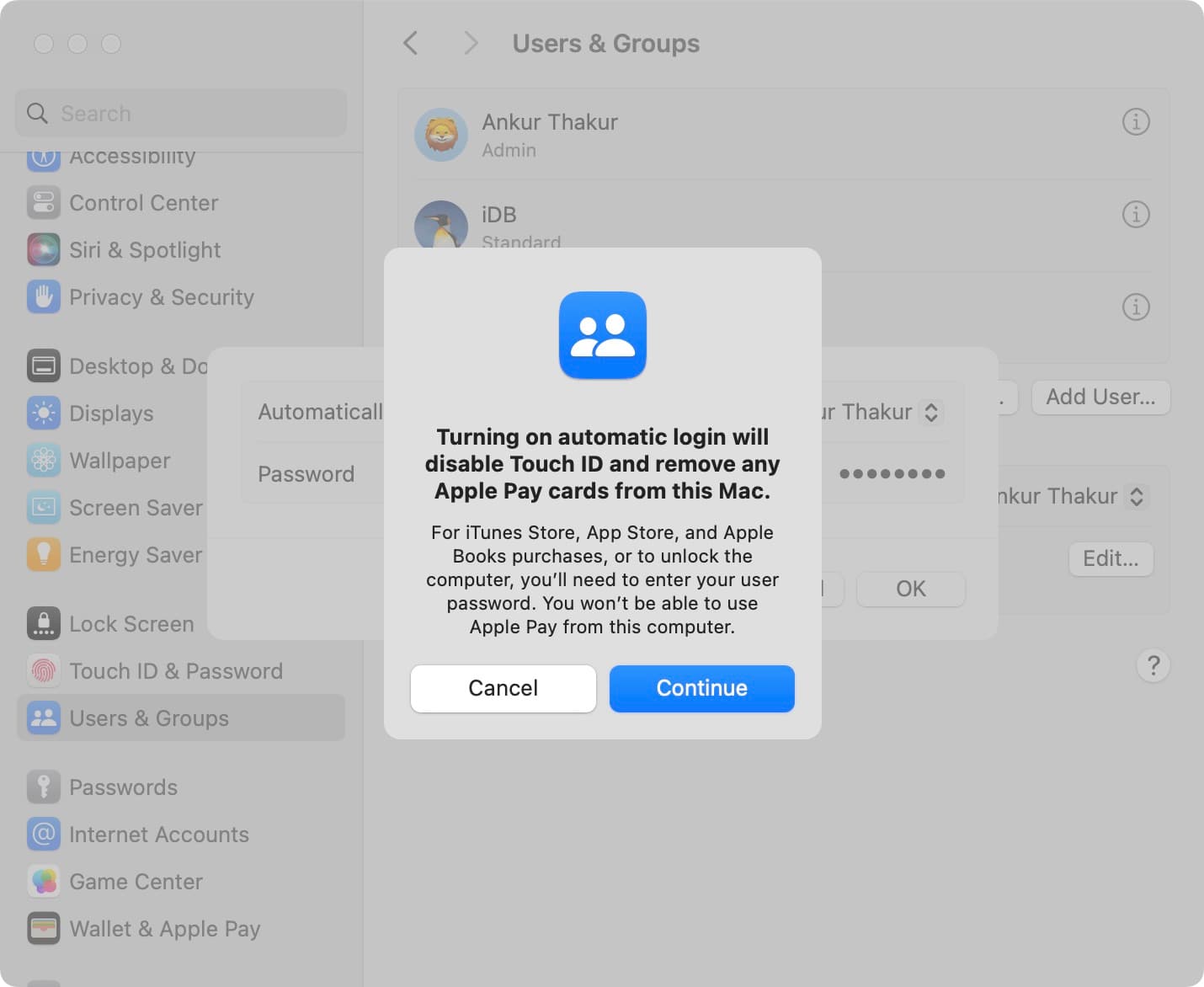 Click Continue to set up auto login on Mac