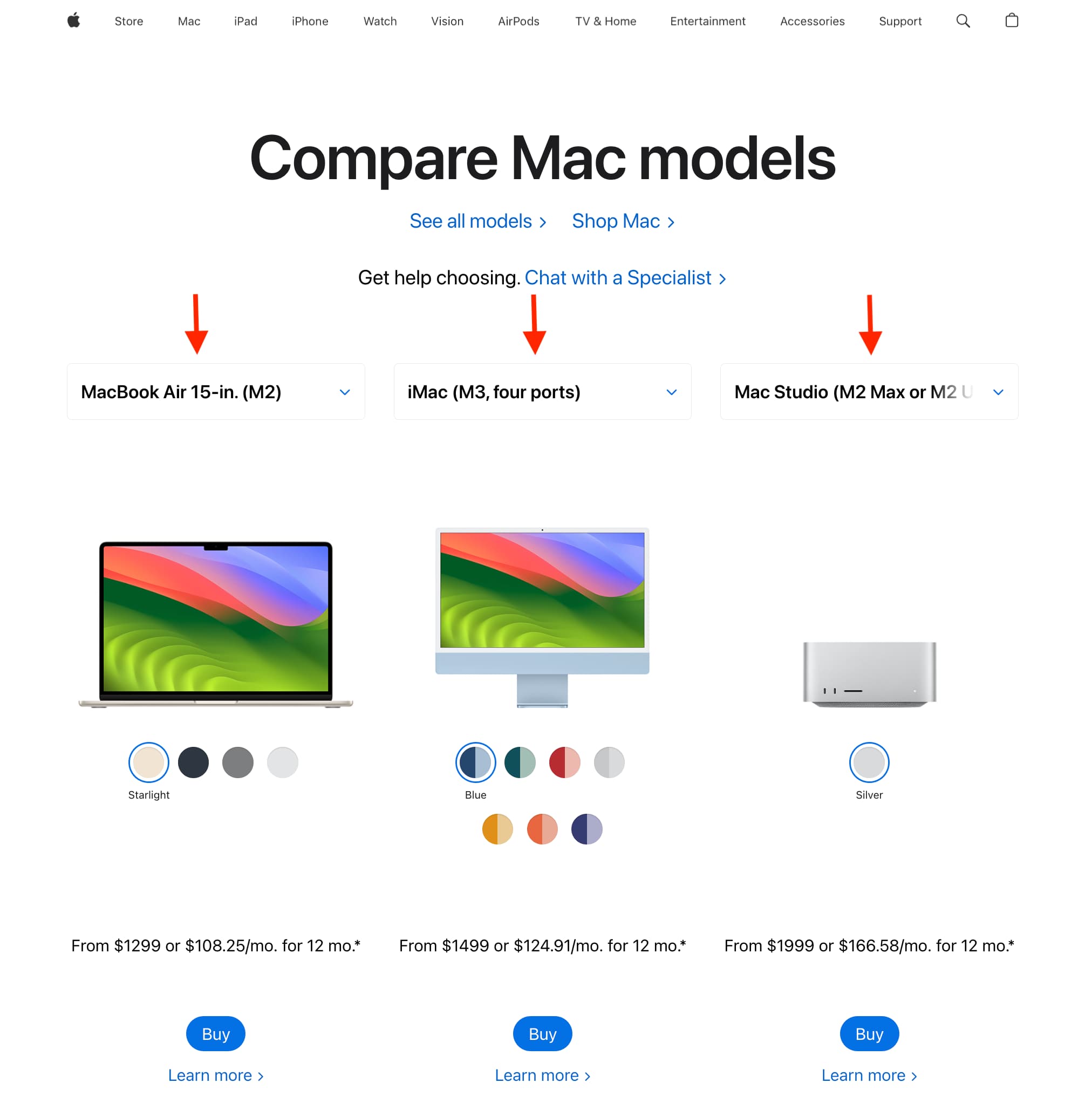 Comparing Mac laptop, iMac, and Mac Studio on Apple's website