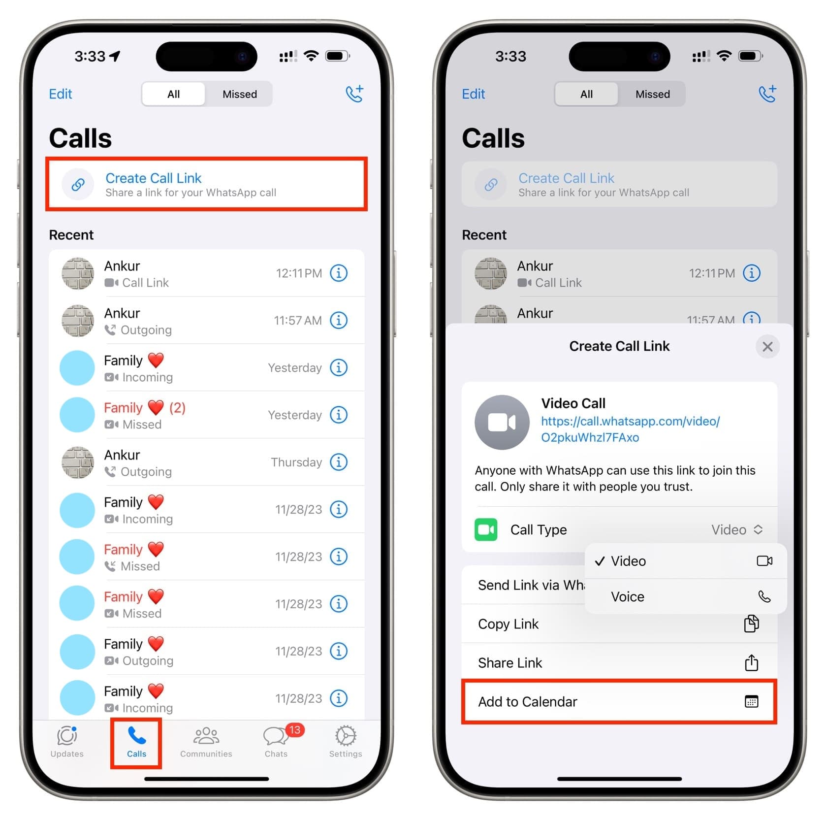 Create Call Link in WhatsApp on iPhone