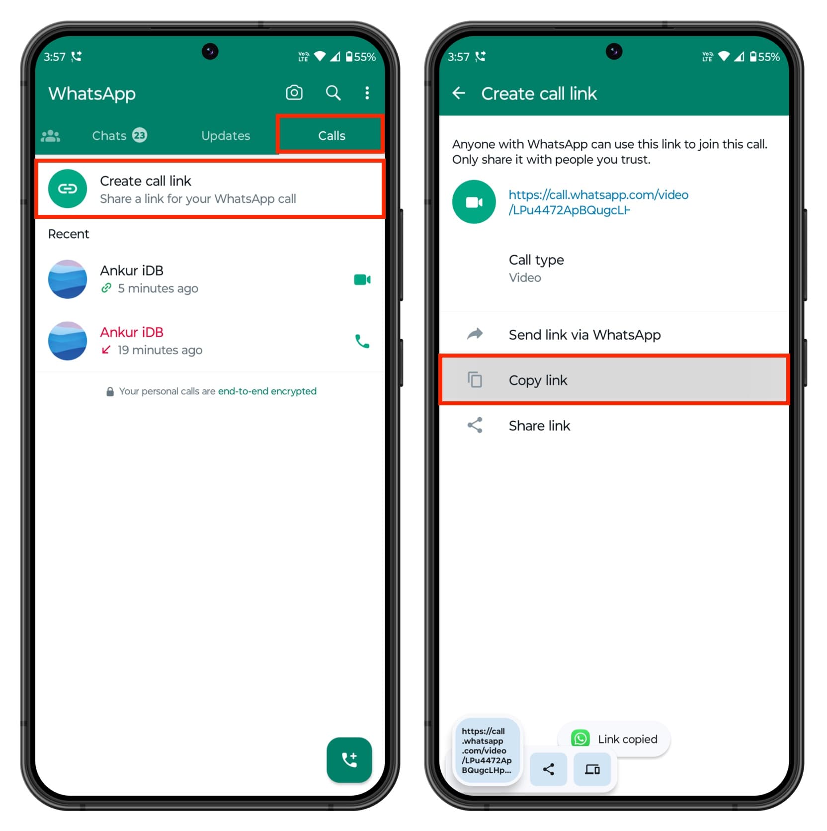 Create call link in WhatsApp on Android phone