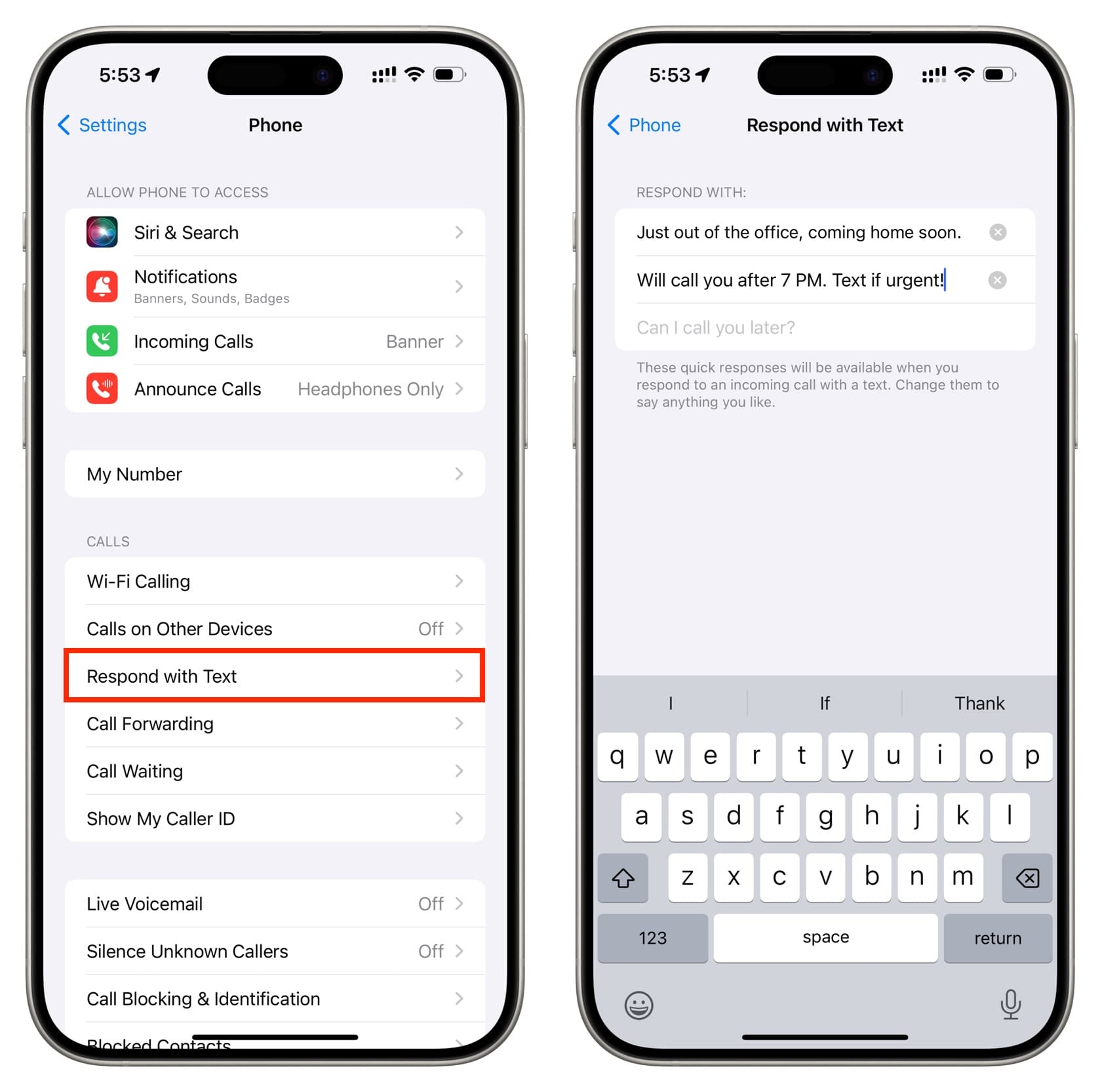 Customize Respond with Text messages in iPhone settings