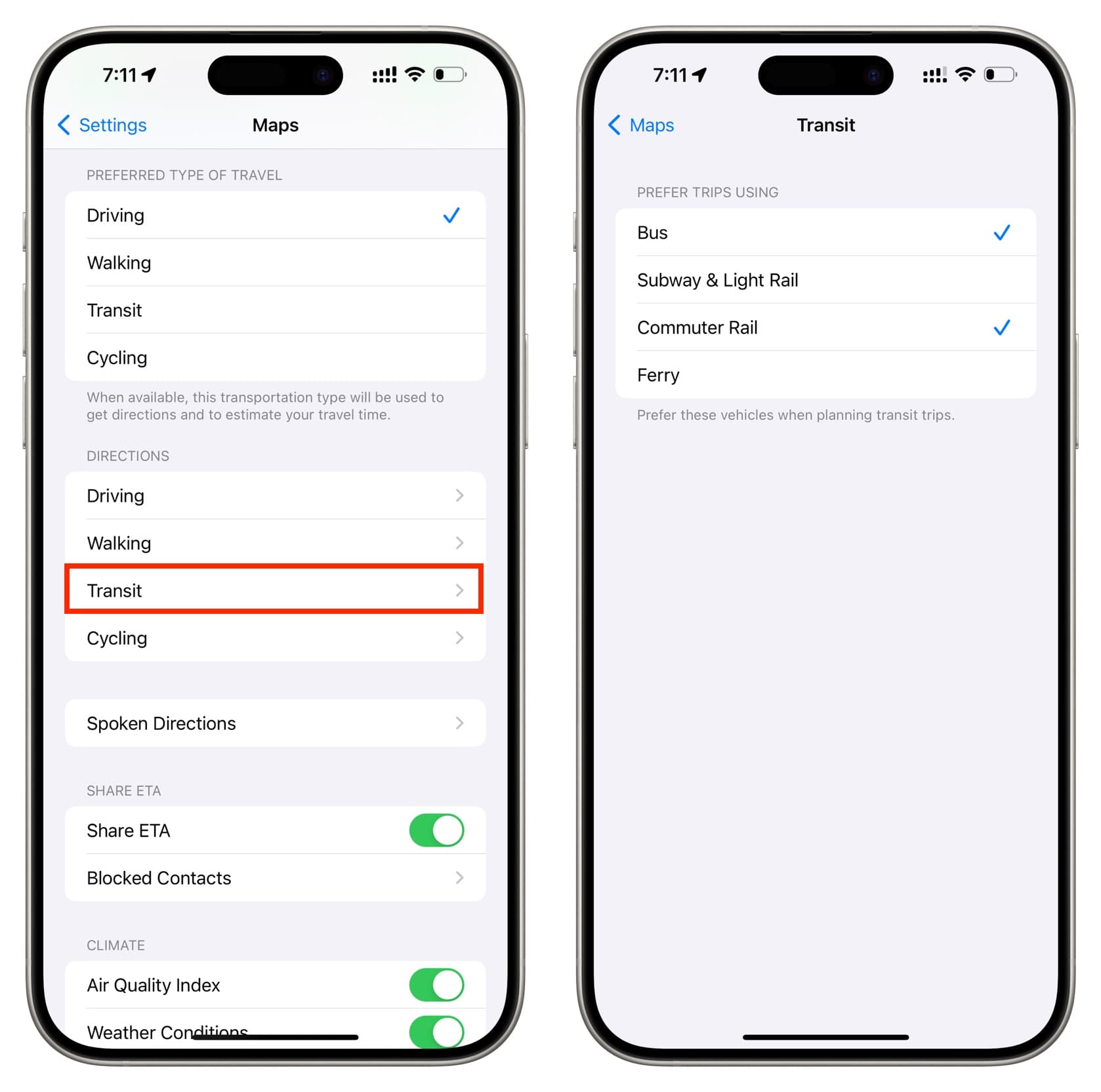 Customize Transit in Maps Settings on iPhone