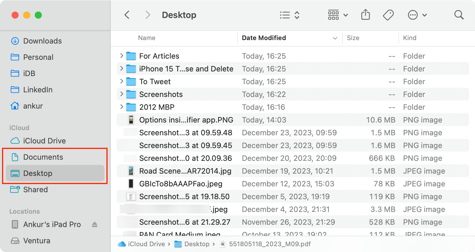Documents and Desktop folder under iCloud Drive in Finder