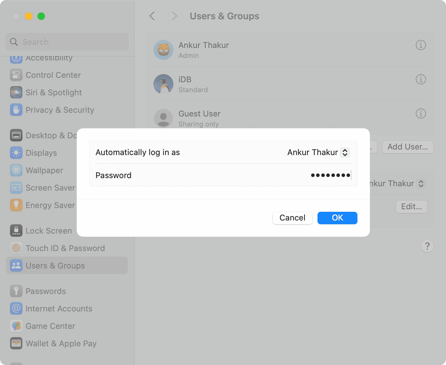 Enter account password to automatically log in as on Mac