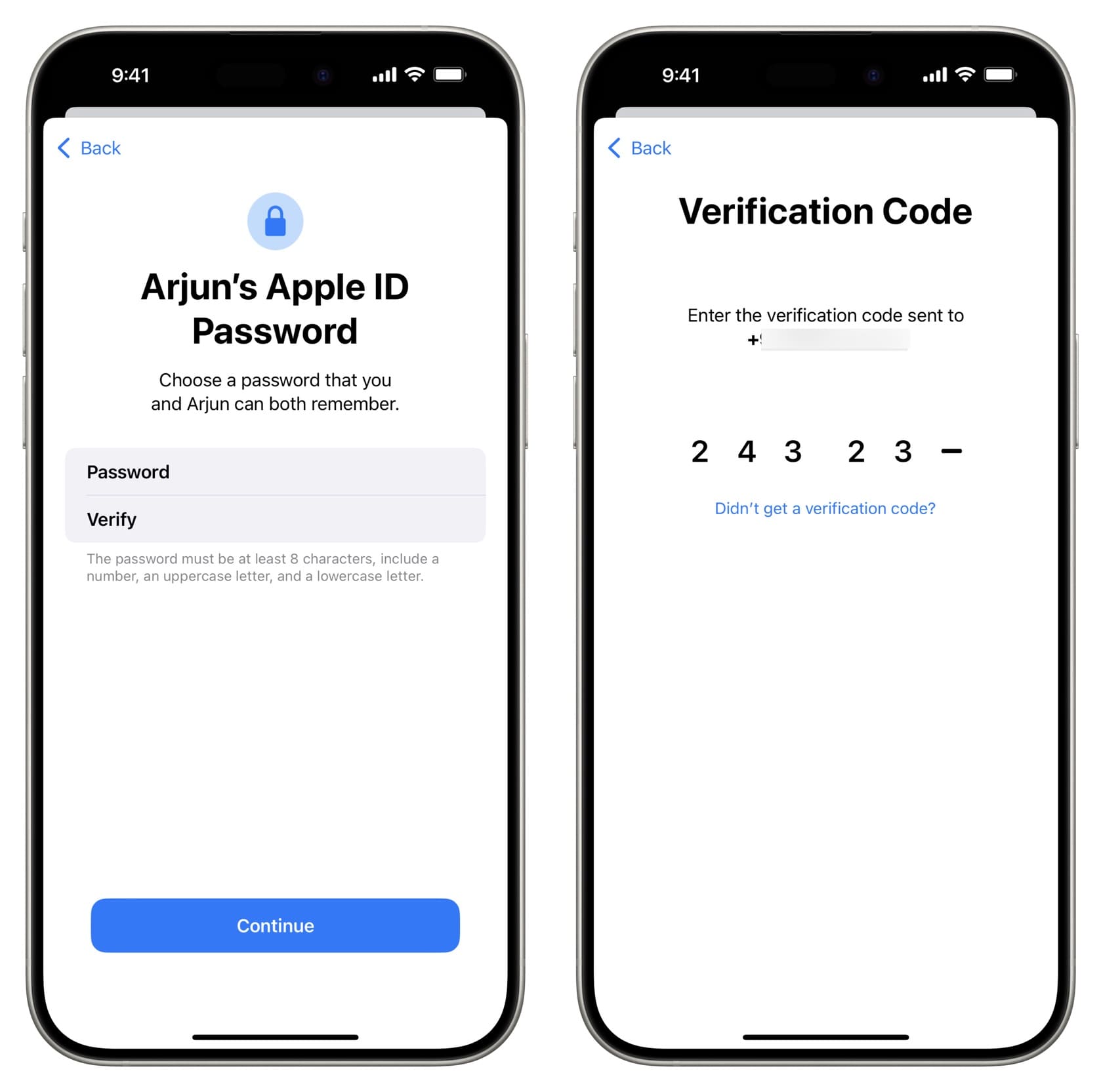 Enter password for child Apple ID and verify with code sent to a phone number