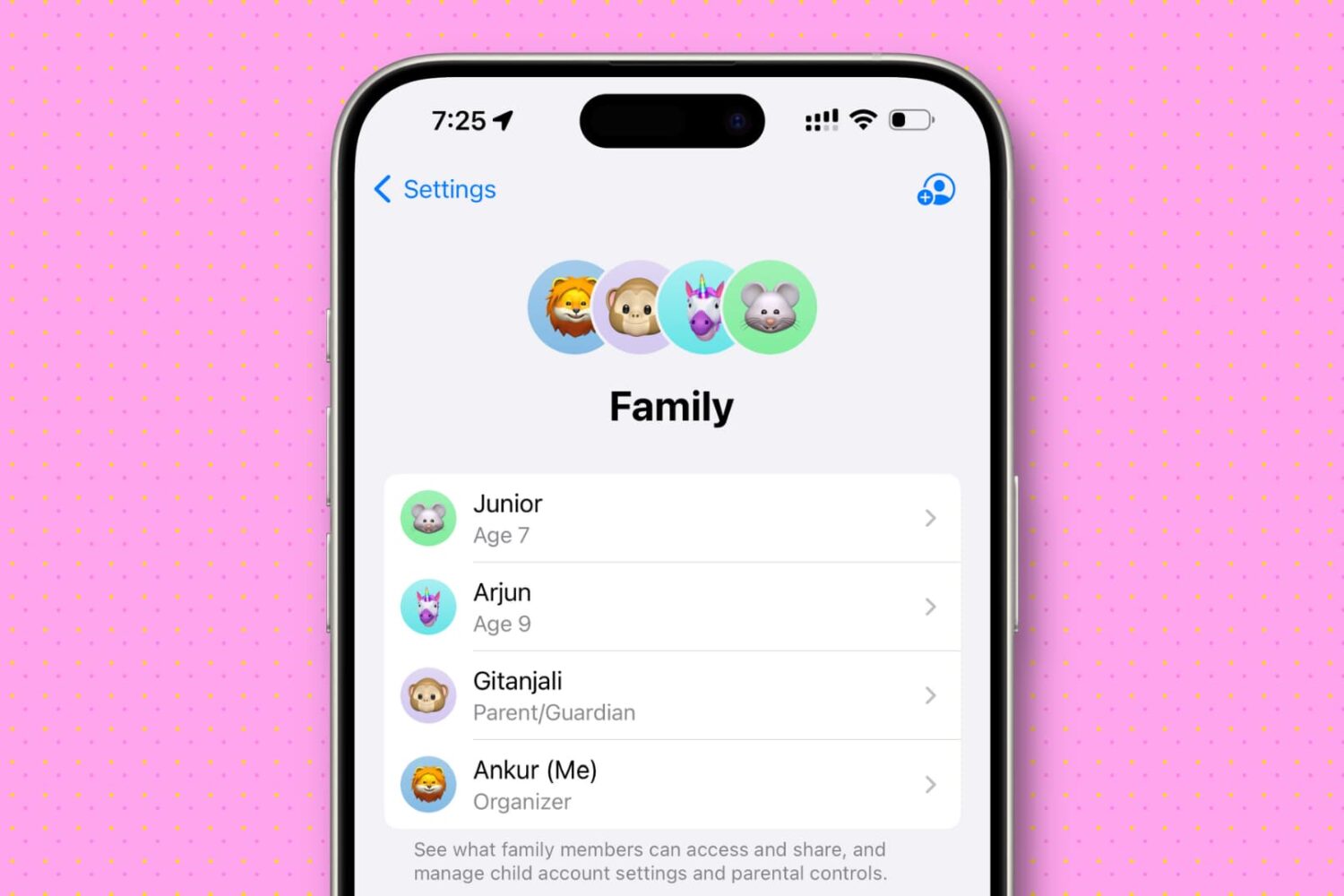 Family screen showing all family members in iPhone settings