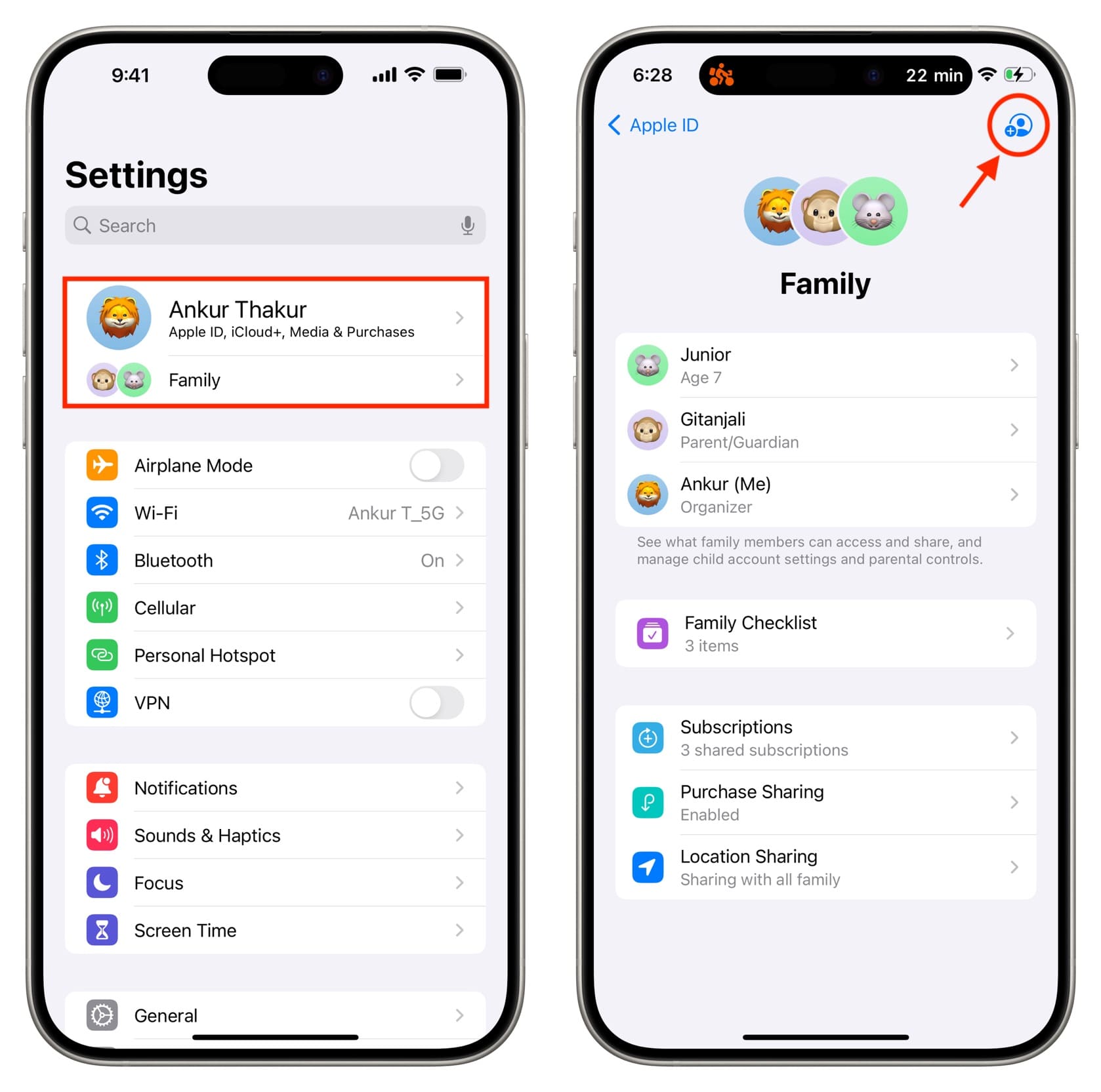 Family settings screen on iPhone