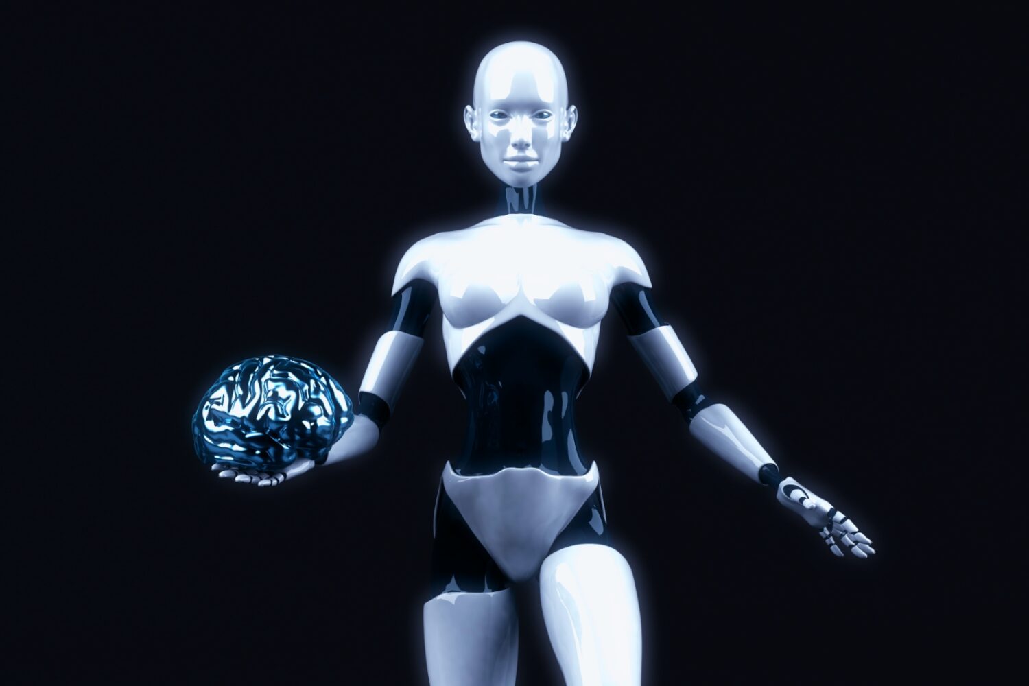 Female robot holding human brain made of metal in right hand
