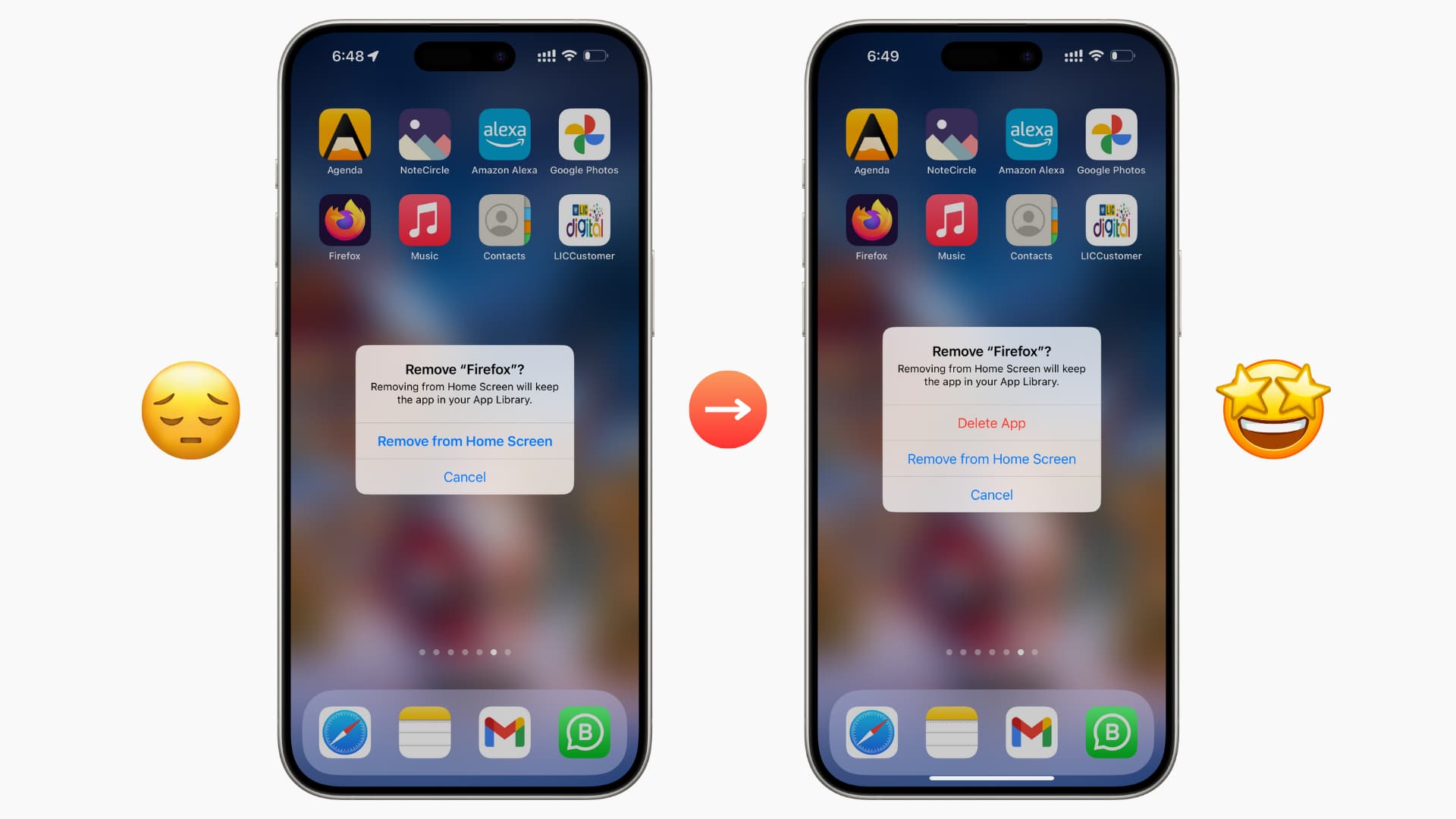 Two iPhone mockups with one missing the Delete App option and the other showing it