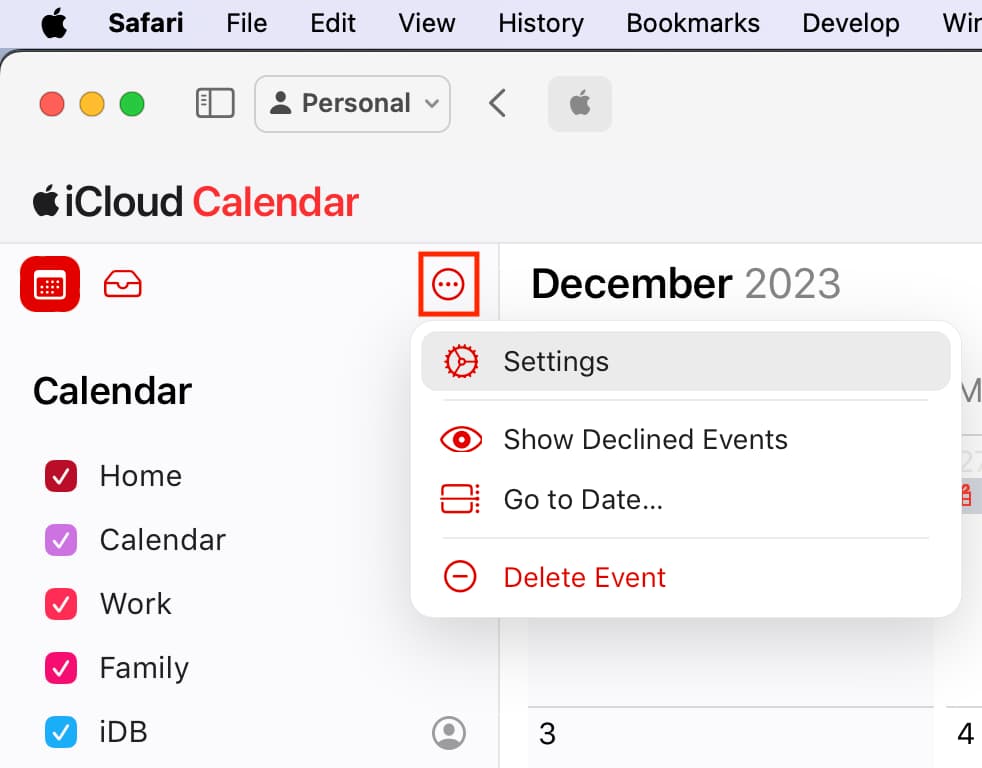 Go to iCloud Calendar settings