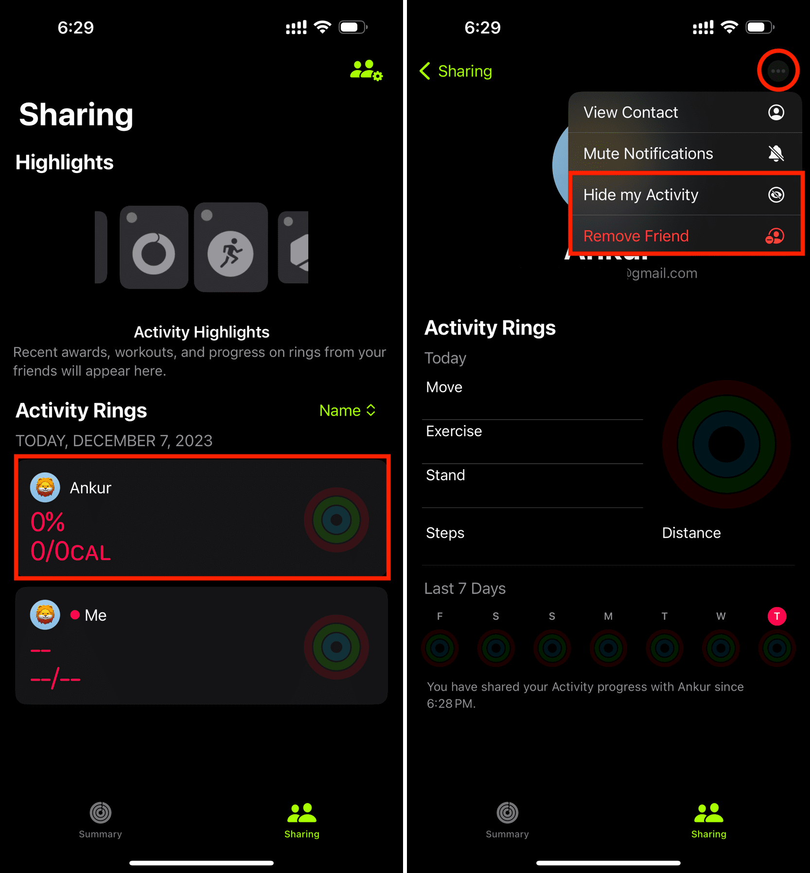 Hide my Activity or Remove Friend in Sharing section of Fitness app on iPhone