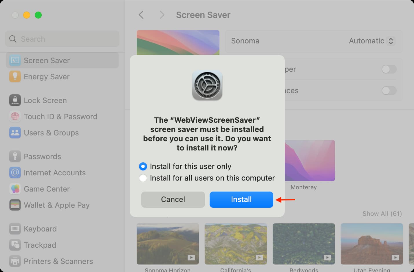 Install WebViewScreenSaver on your Mac