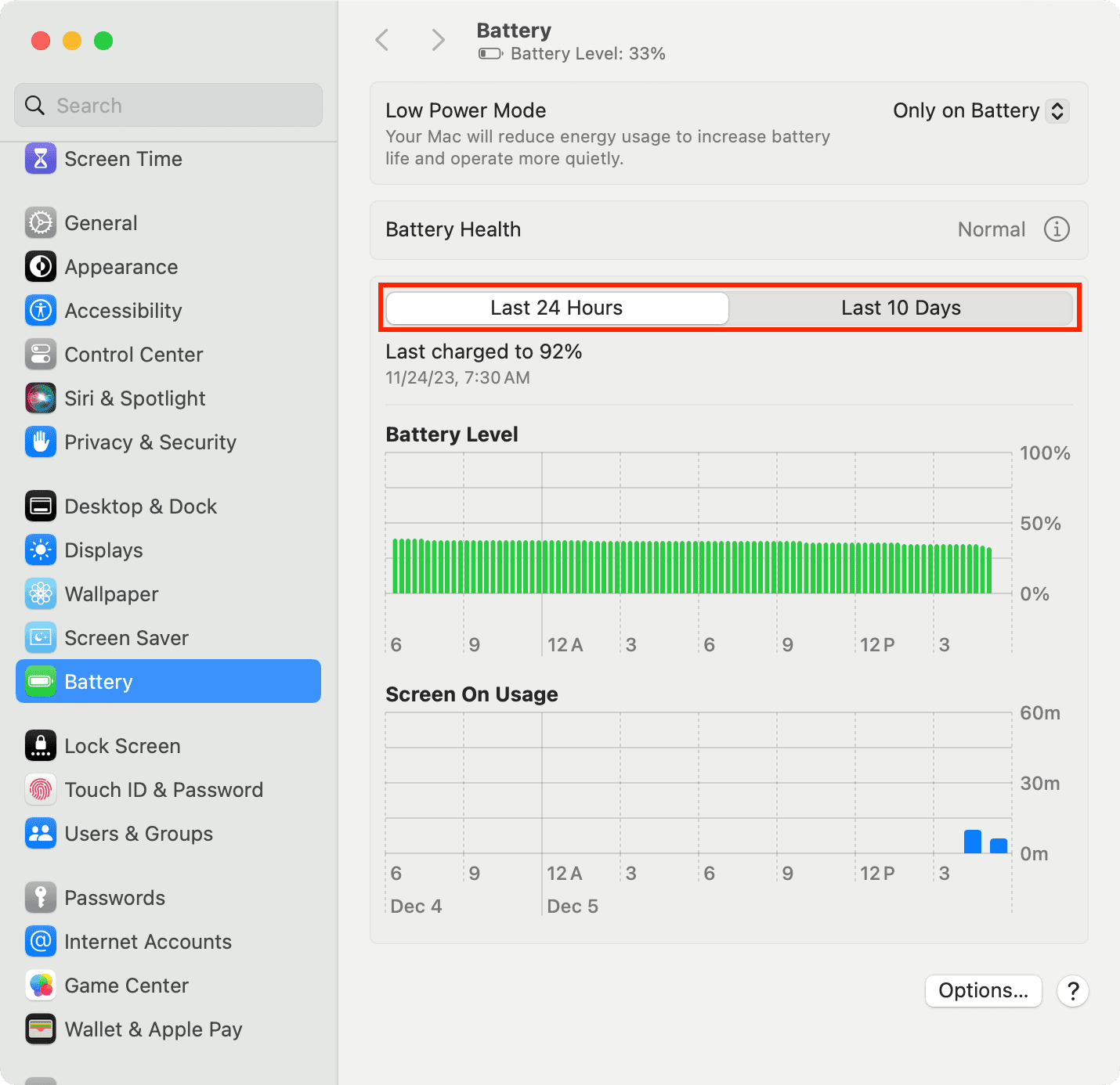 MacBook Battery details in System Settings