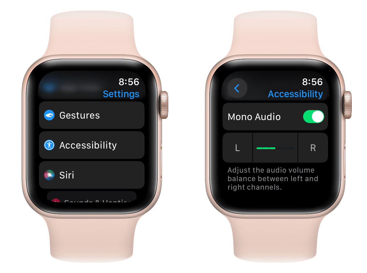 Mono Audio in Apple Watch Accessibility settings