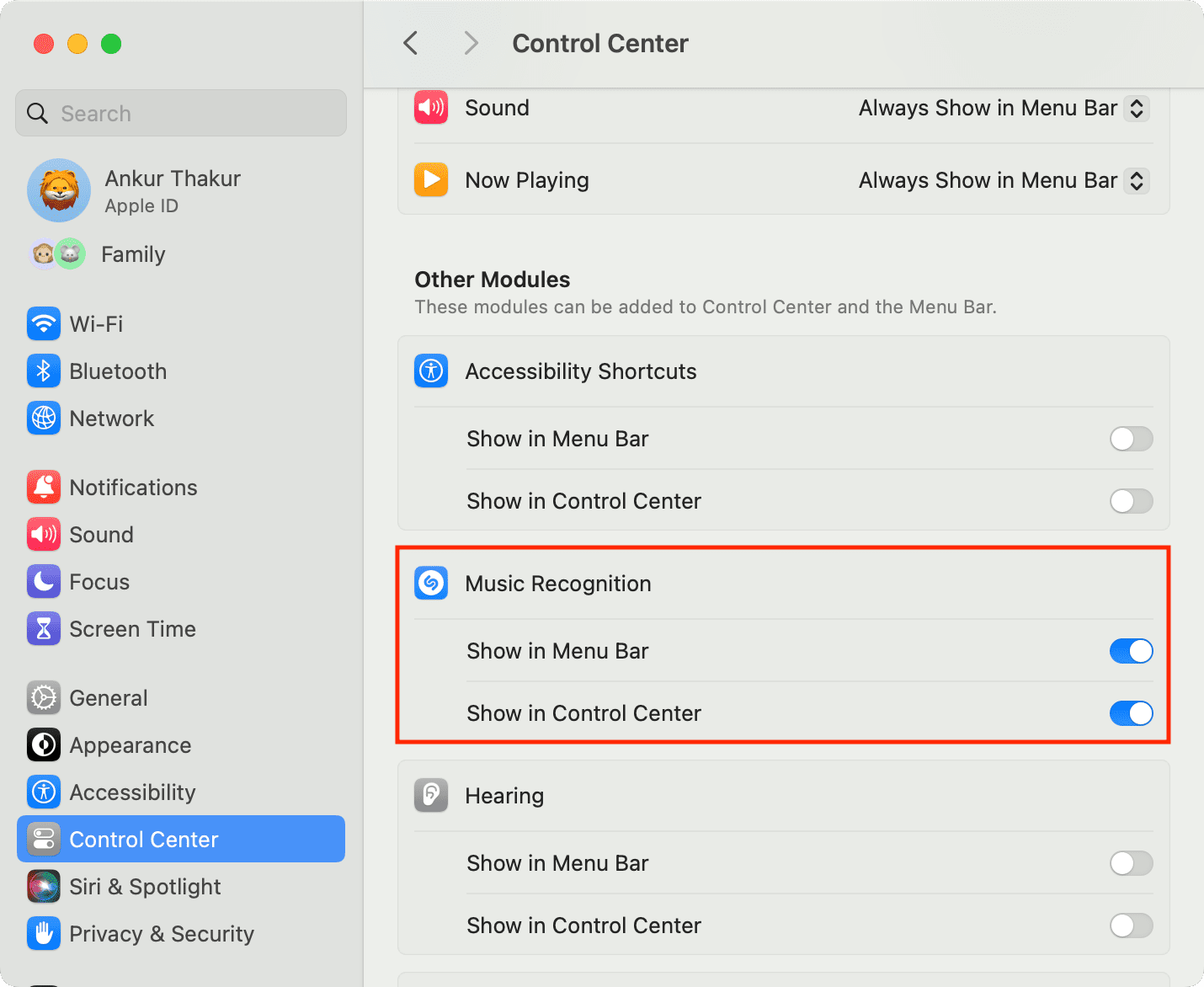 Music Recognition in Mac Control Center settings