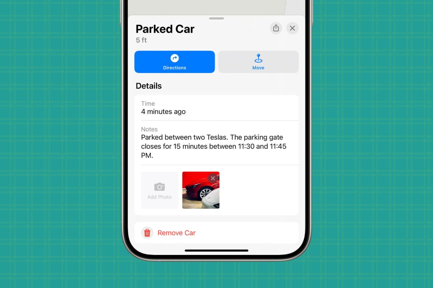 Parked car information on iPhone