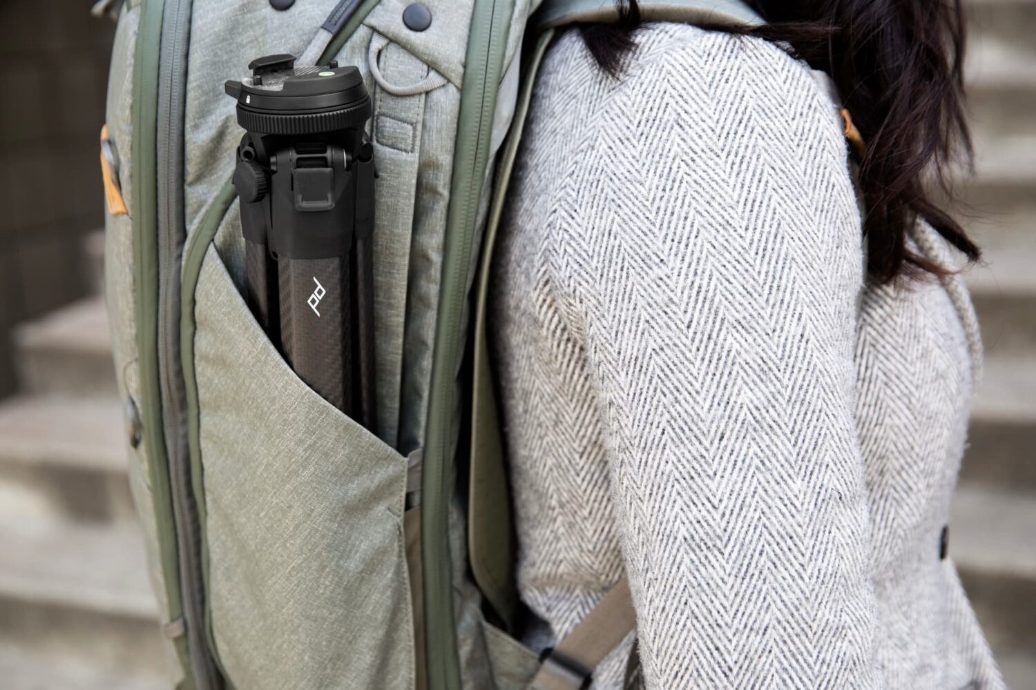 Peak Design travel tripod inside a Peak Design backpack.