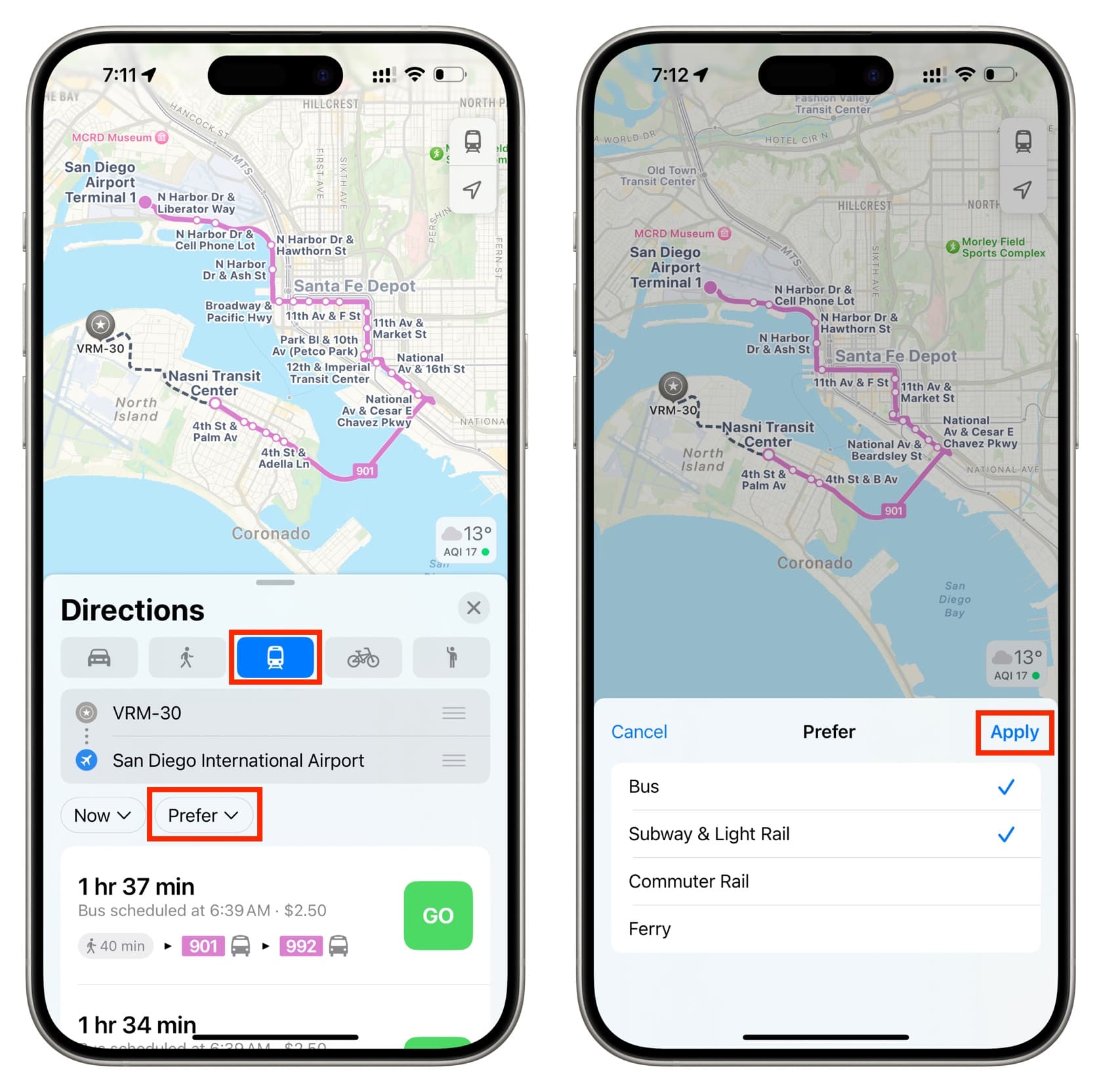 Prefer transit options in Apple Maps on iPhone