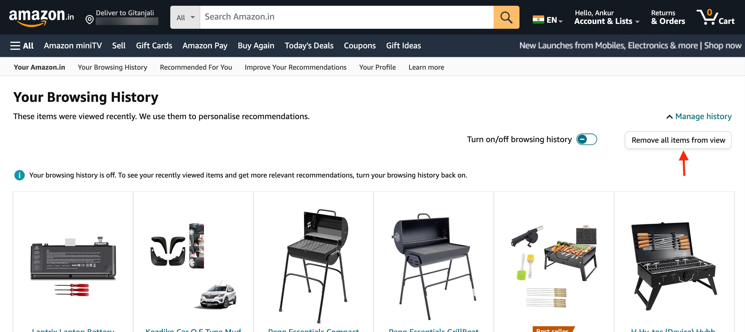 Remove all items from your Amazon browsing history using its website