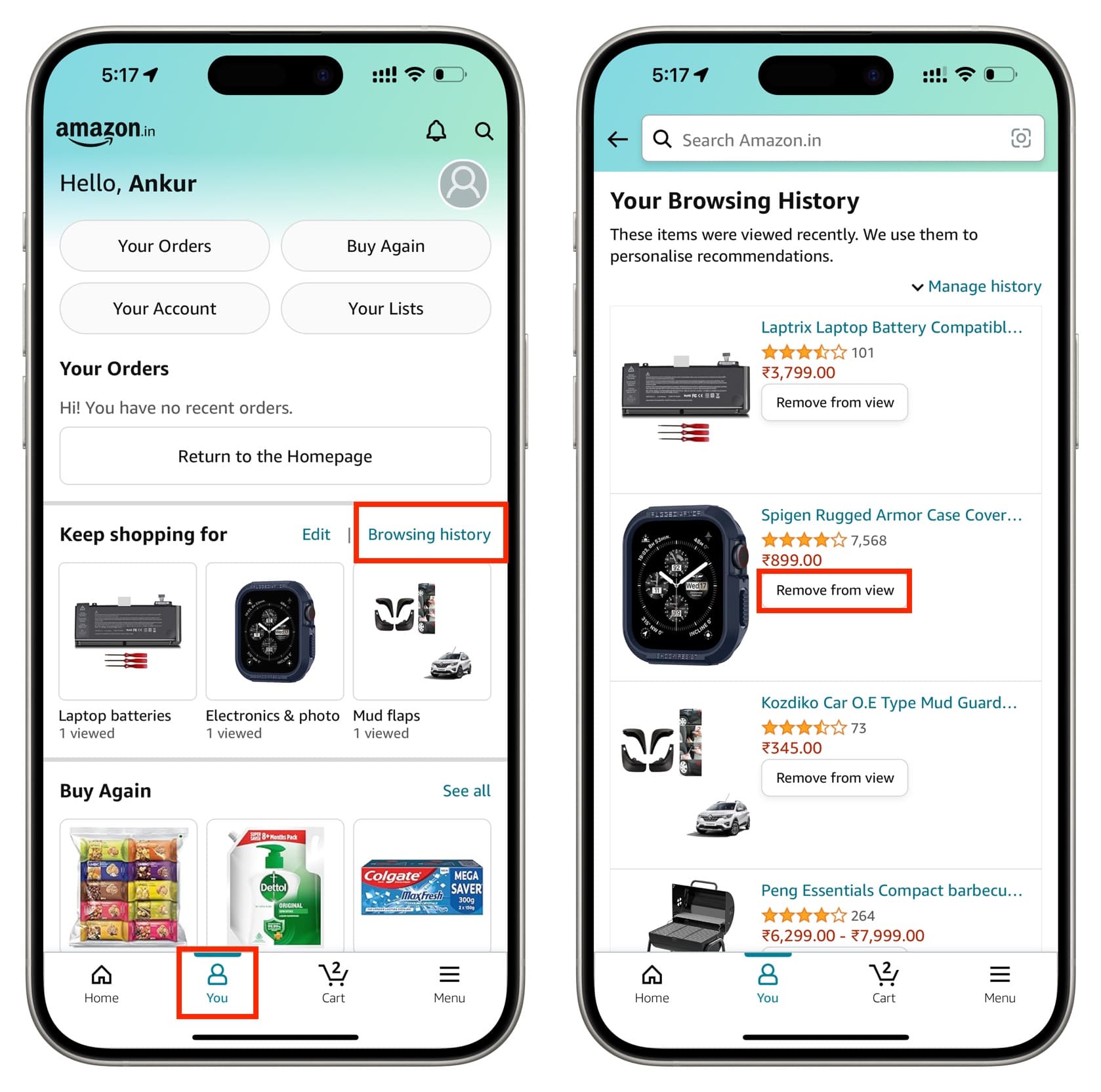 Remove an item from your Amazon history using the Amazon app