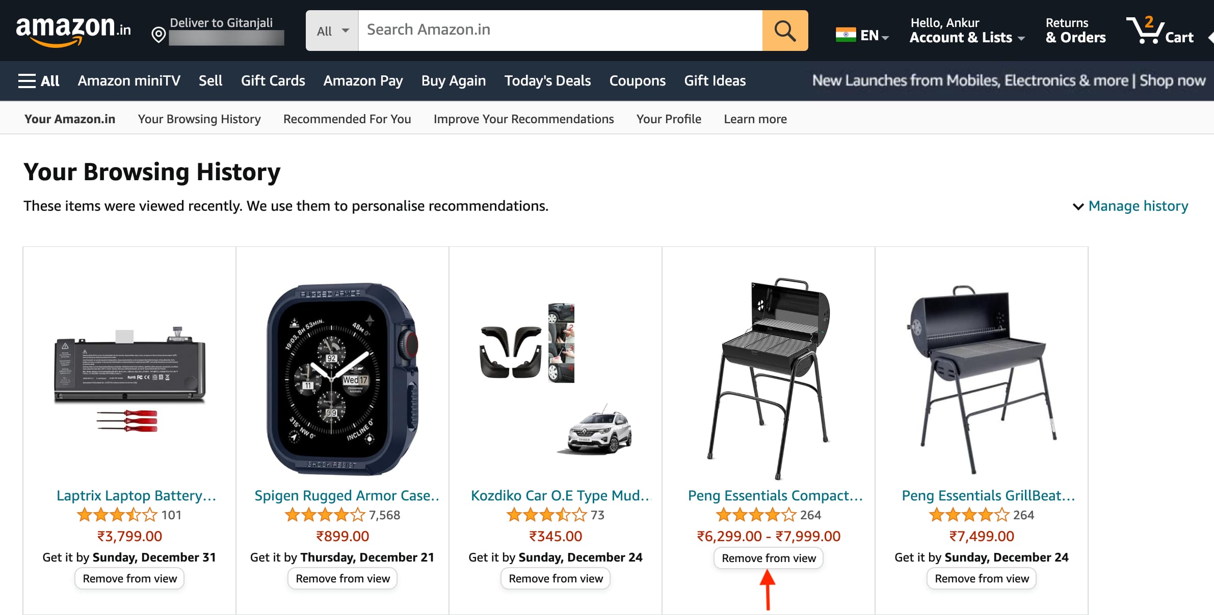 Remove from view in Amazon history using its website