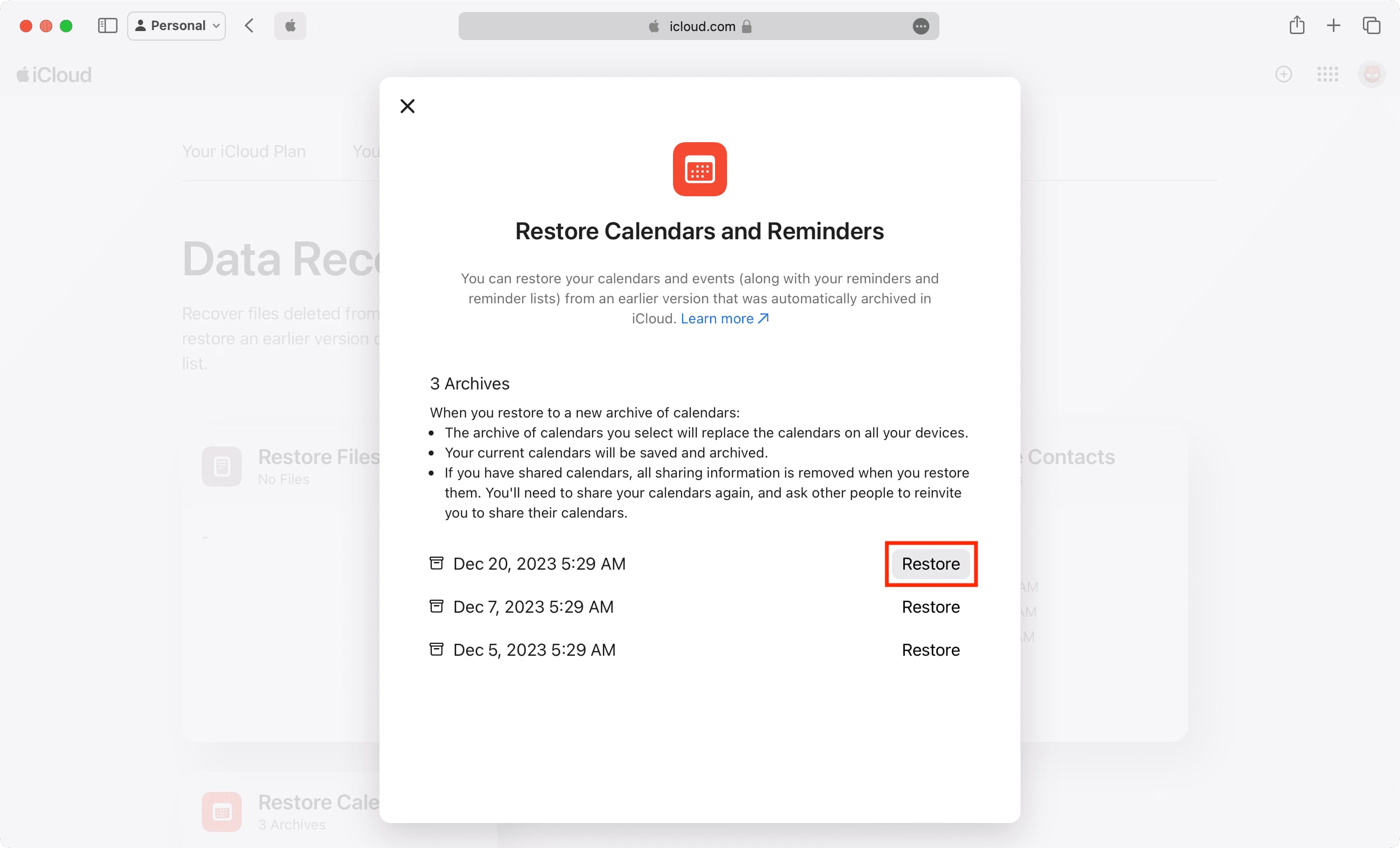 Restore Calendars and Reminders from iCloud web