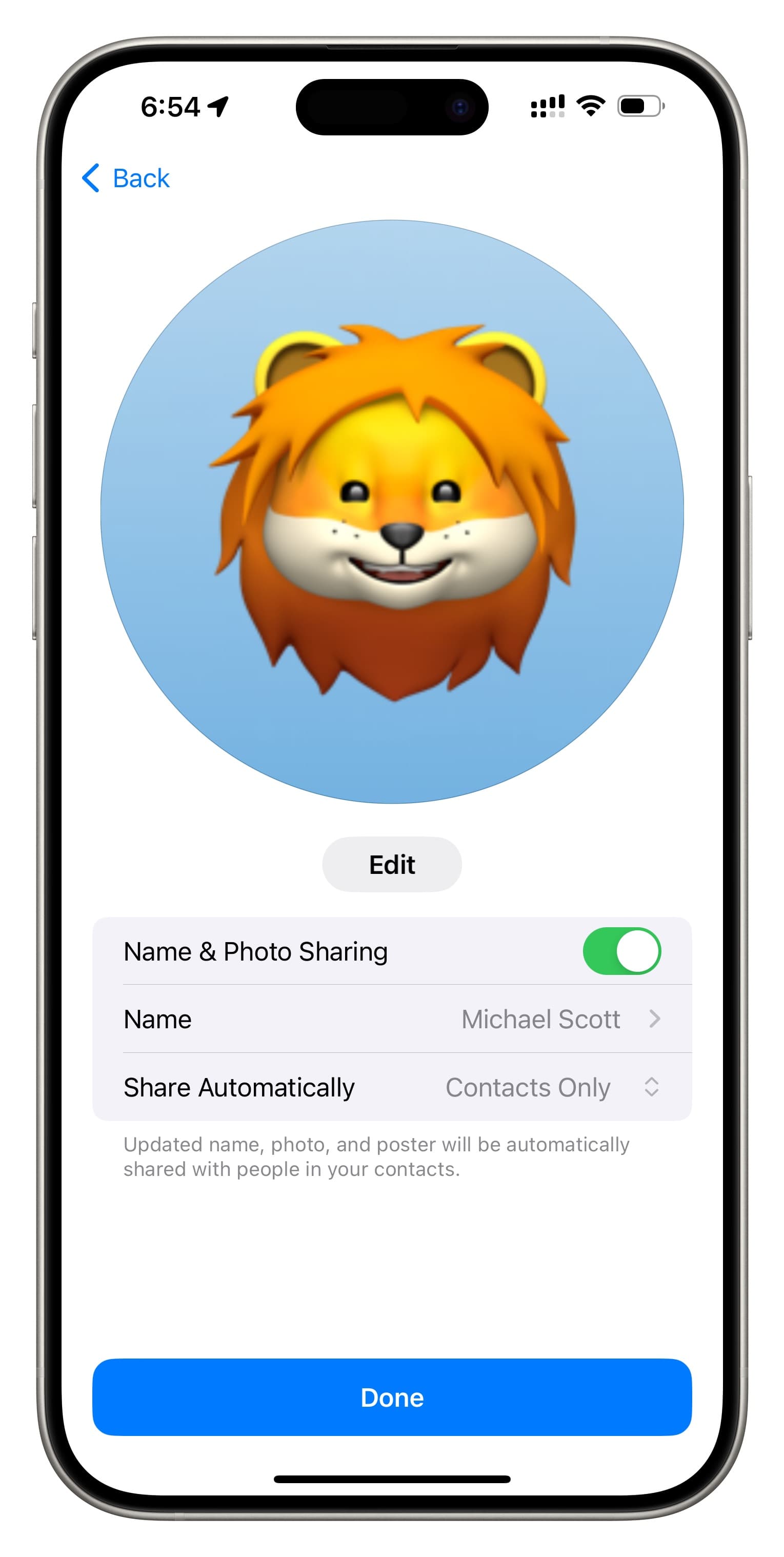 Save new name and photo for iMessage on iPhone