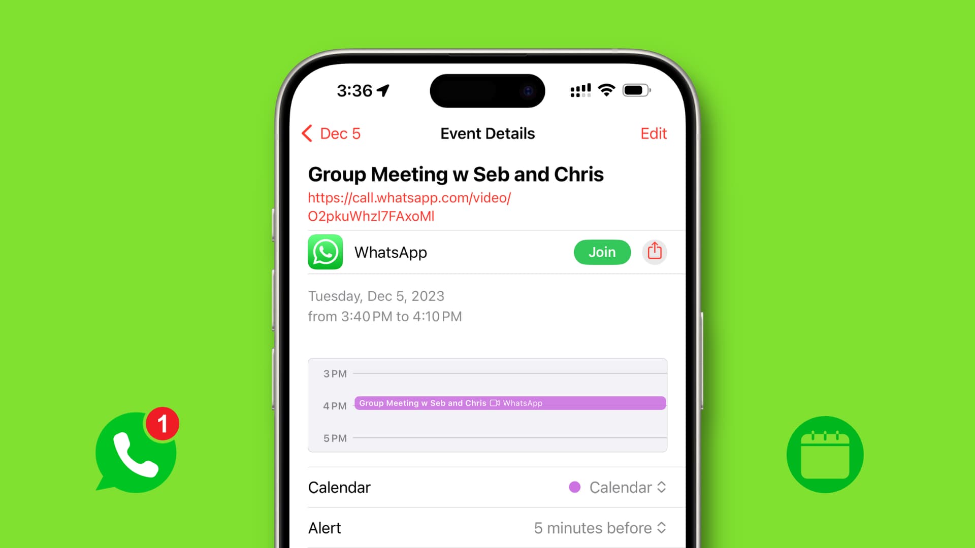 Scheduled WhatsApp call in iPhone Calendar