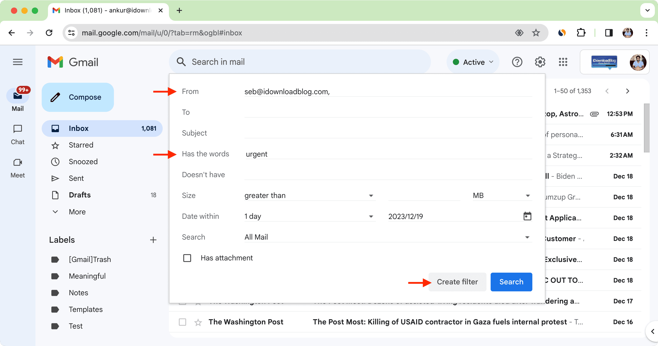 Search criteria to filter by in Gmail