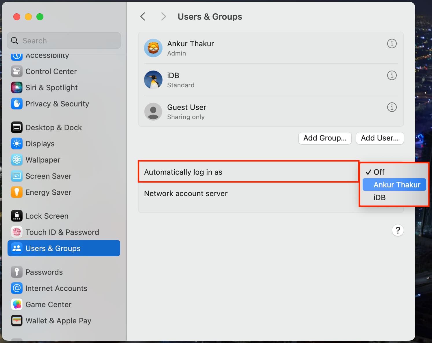 Select a user next to Automatically log in as in Mac System Settings