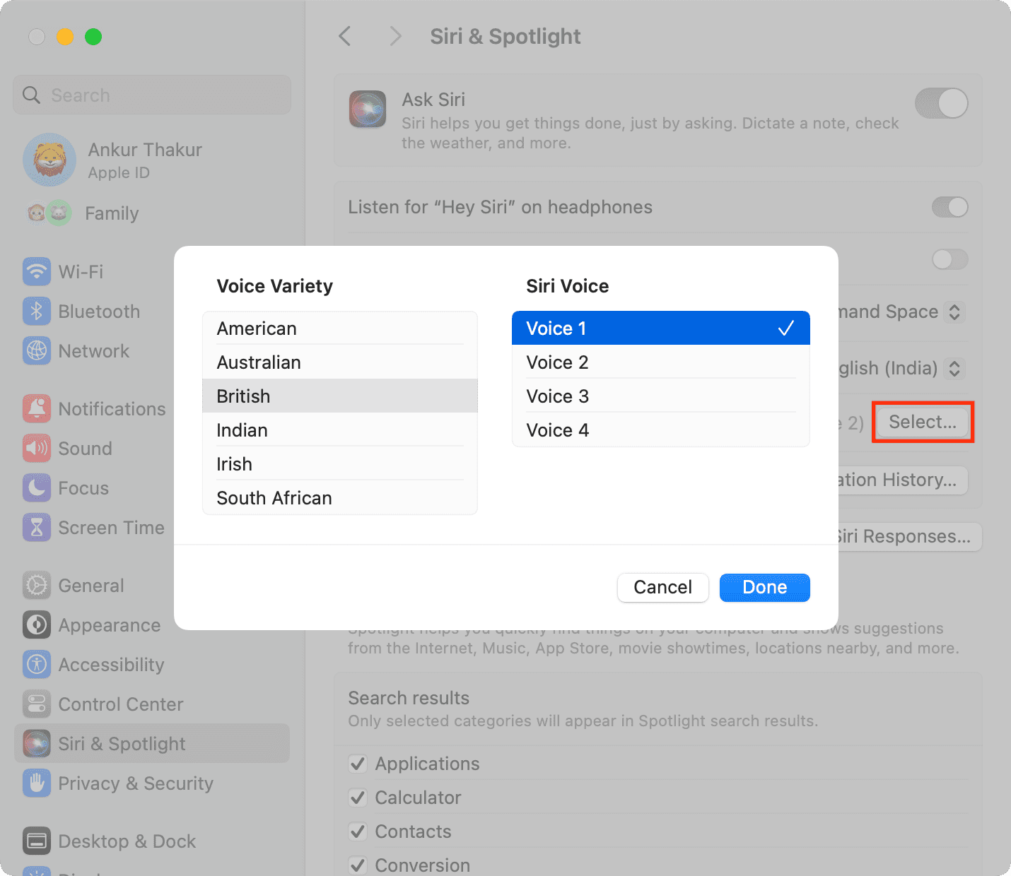 Select different Siri Voice for Mac