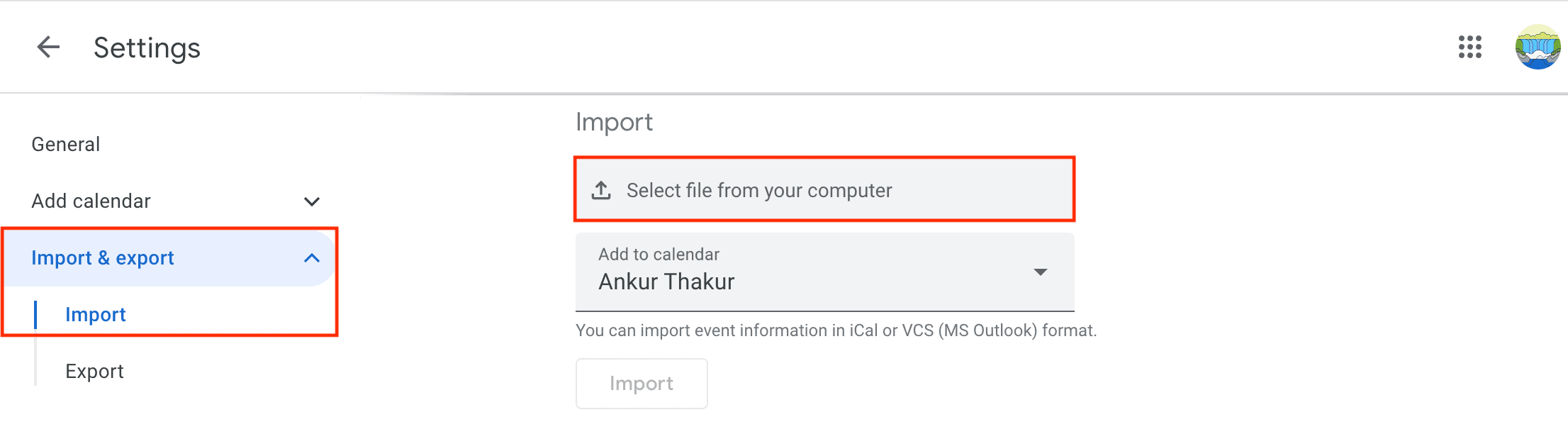 Select file from your computer to import it to Google Calendar